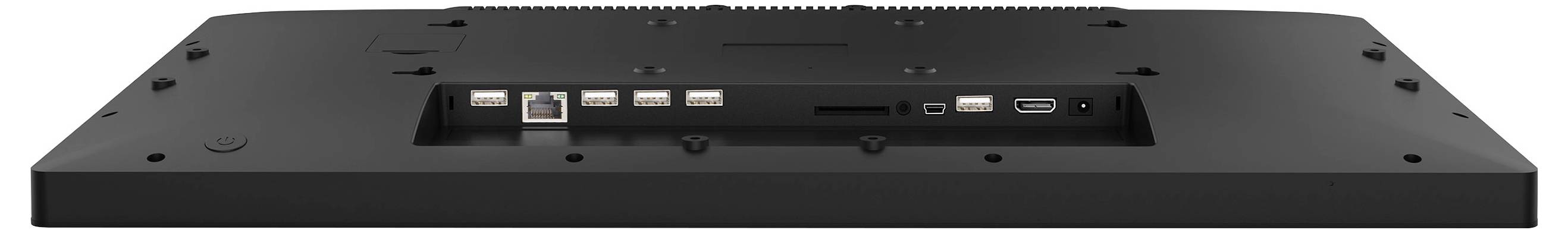 Rückseite eines schwarzen Monitors mit mehreren Anschlussmöglichkeiten, einschließlich USB-, HDMI- und DisplayPort-Anschlüssen.