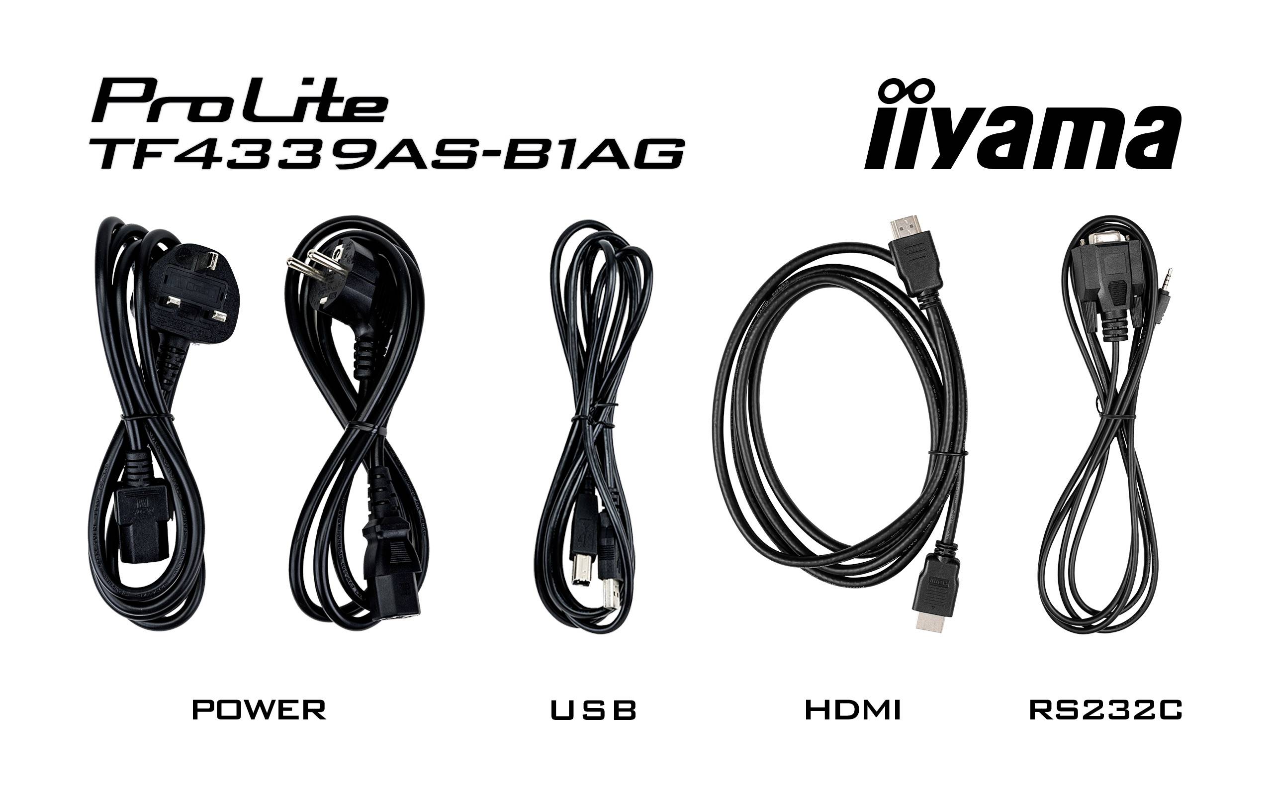Abbildung der Kabel des iiyama ProLite TF4339AS-B1AG: Stromkabel, USB-Kabel, HDMI-Kabel und RS232C-Kabel.