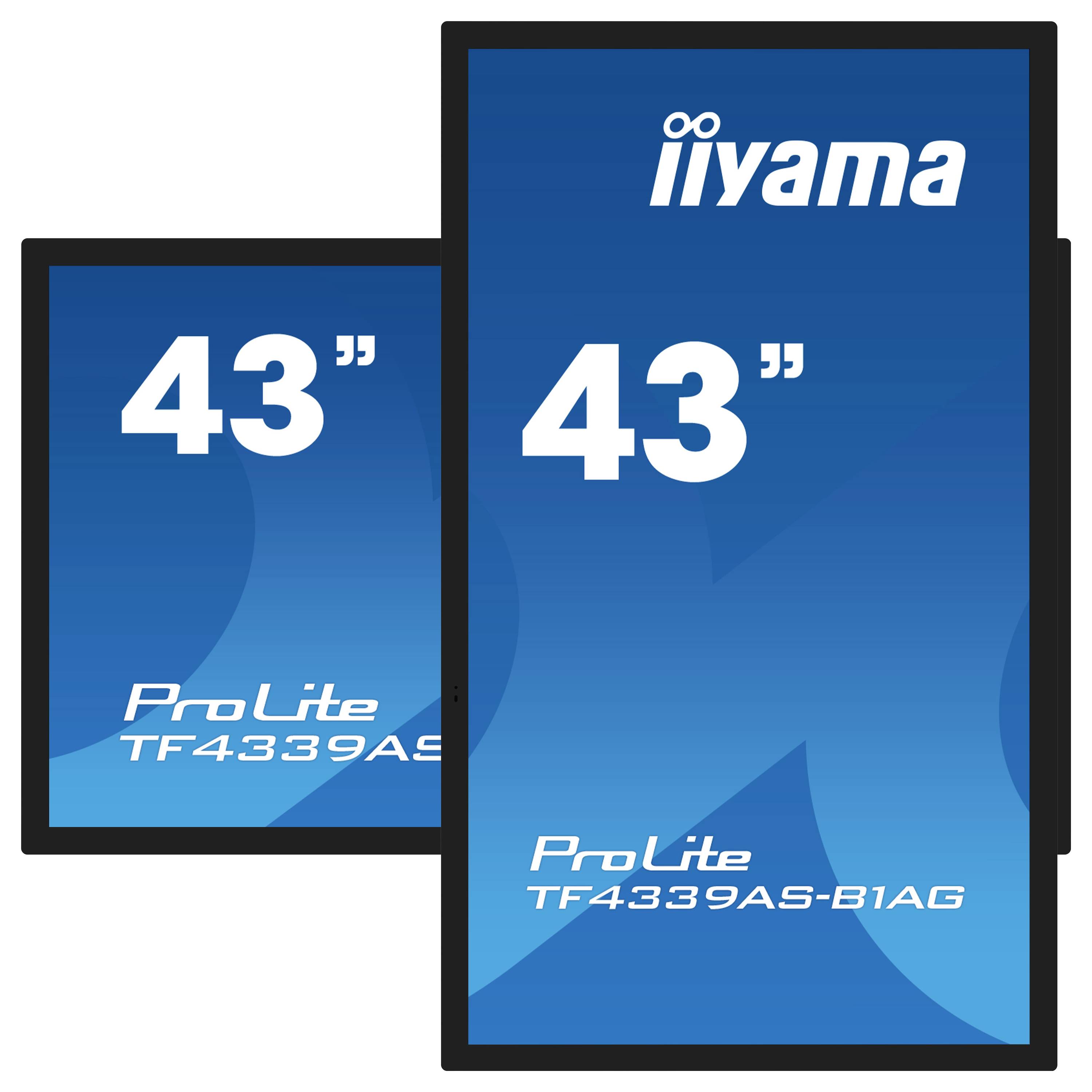 Zwei vertikale blaue Monitore von iiyama, Modell ProLite TF4339AS-B1AG, mit der Größe 43 Zoll, in moderner Darstellung.