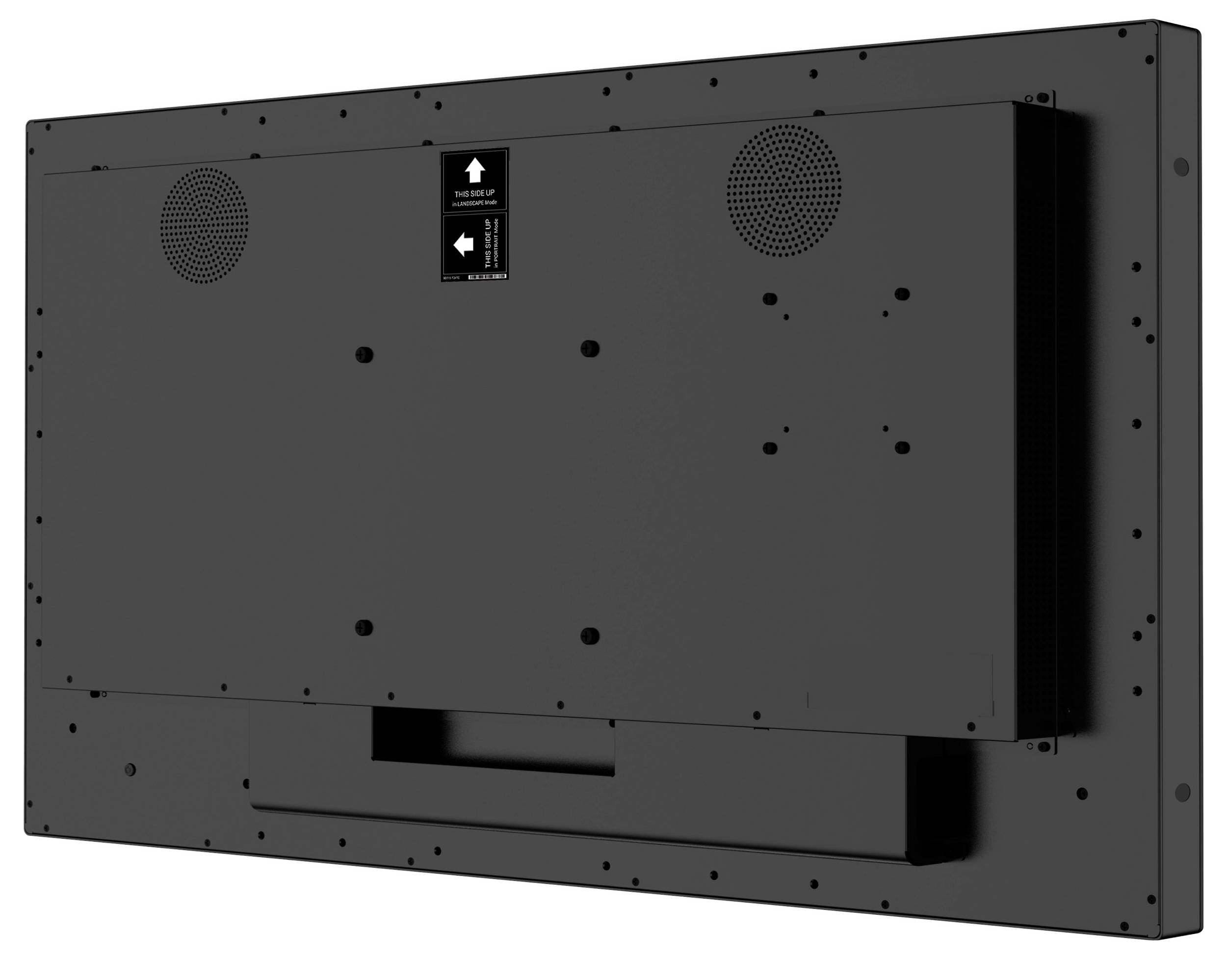 Rückseite eines schwarzen Flachbildfernsehers, zeigt Montage- und Lüftungsöffnungen.