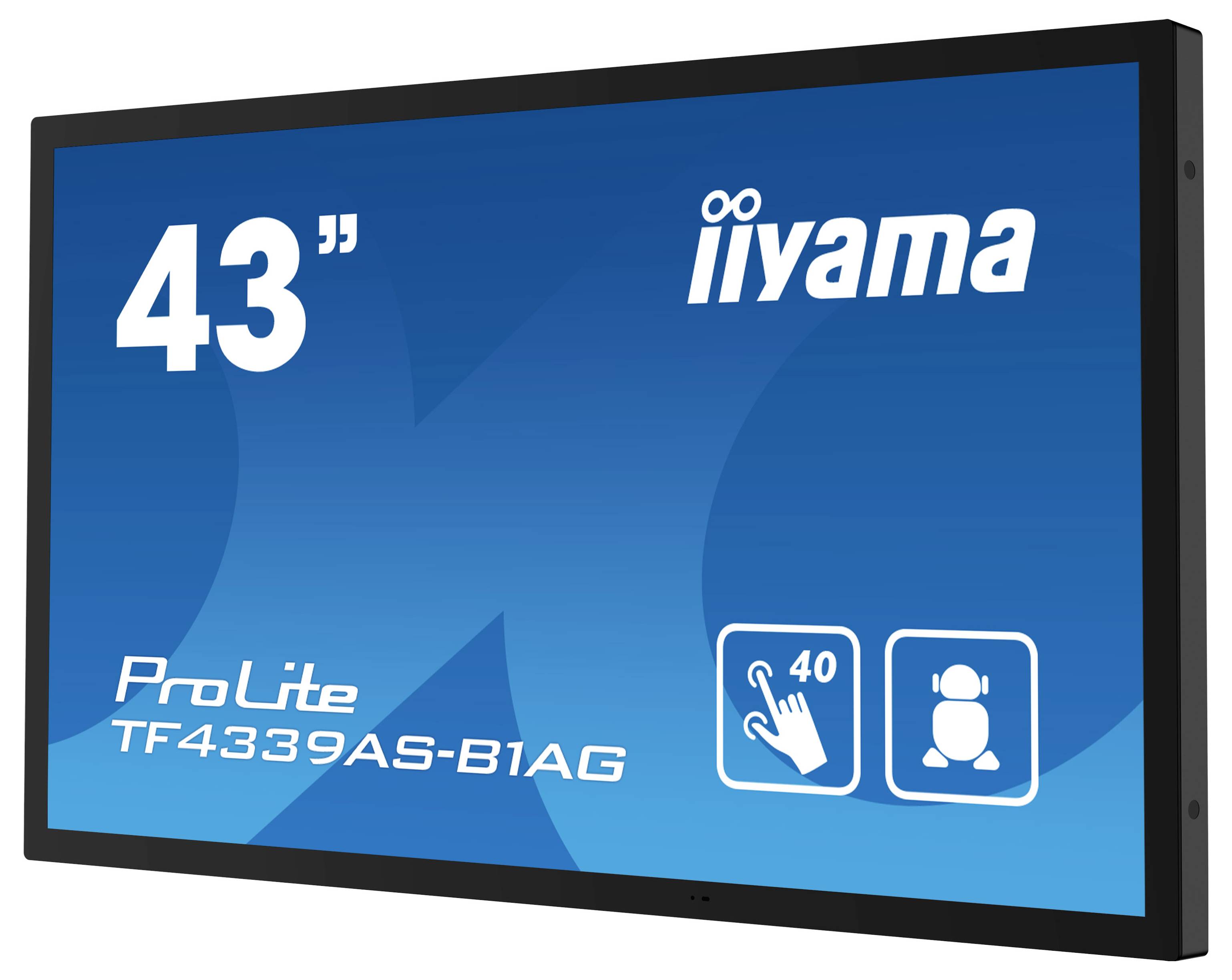 Iiyama 43-Zoll-Display, Modell 'ProLite TF4339AS-B1AG', blaue Hintergrundgrafik mit Touchfunktion und Symbol für Benutzerkapazität.