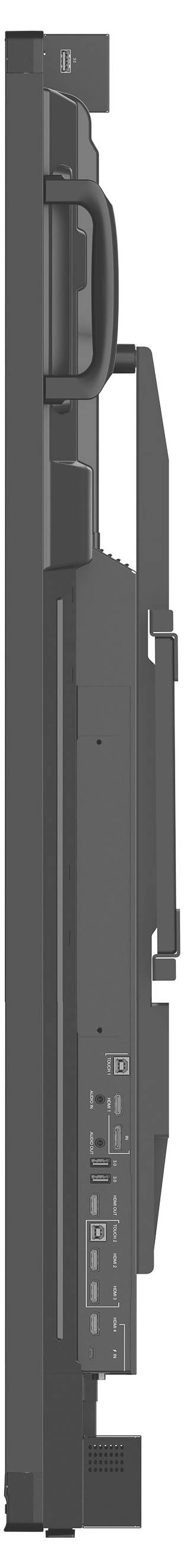 Ein senkrecht stehender, zusammenklappbarer Handgriff an einem schwarzen, stilisierten Gerät.