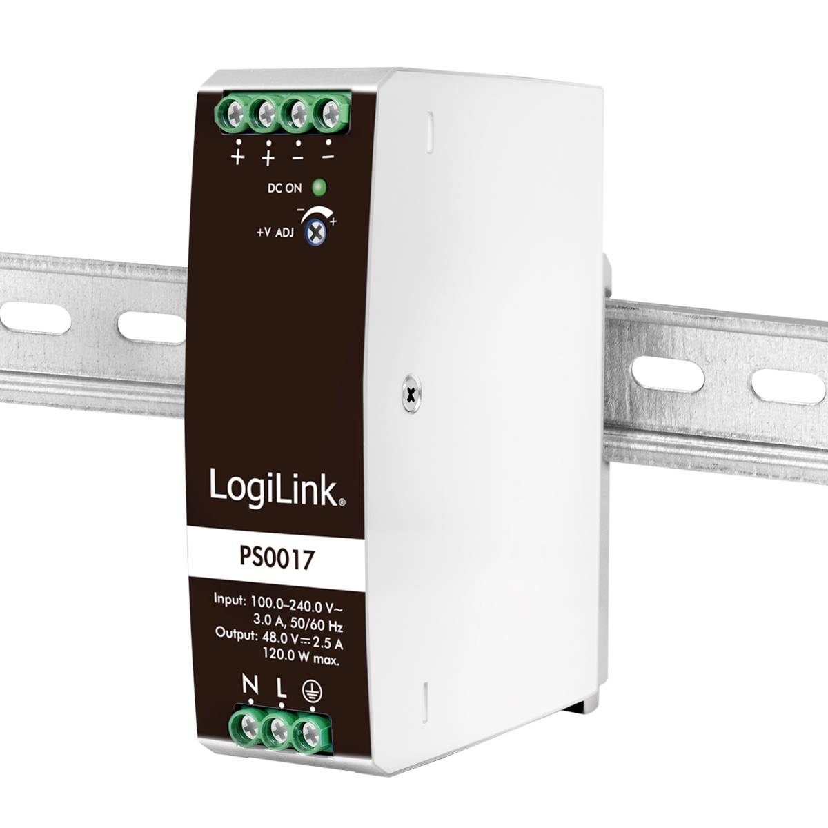 Netzteil von LogiLink für DIN-Schienenmontage, Modell PS0017. Eingang: 100-240V, 3A; Ausgang: 48V, 2,5A.