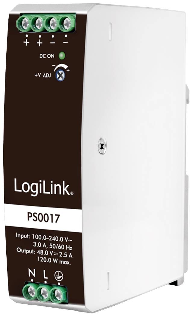 Netzteil LogiLink PS0017, Eingang: 100-240V, 3A; Ausgang: 48V, 2,5A; 120W maximale Leistung.