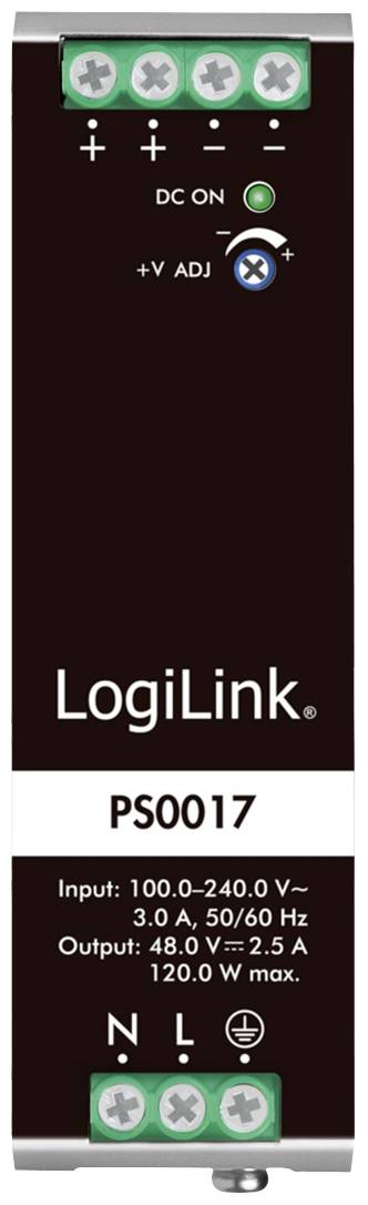 Schwarzes Netzteil von LogiLink Modell PS0017, Eingang: 100-240 V~; Ausgang: 48.0 V⎓ 2.5 A, 120.0 W max.; grüne LED-Anzeige.