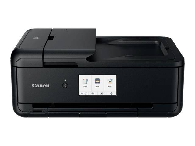 Ein schwarzer Drucker mit Touchscreen-Bedienfeld, das Optionen wie 'Kopieren', 'Scannen' und 'Faxen' anzeigt.