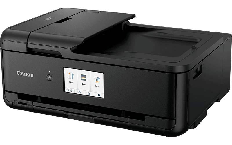 Ein schwarzer Drucker mit einem digitalen Display auf der Vorderseite, das Optionen wie 'Kopieren', 'Scannen' und 'Faxen' zeigt.
