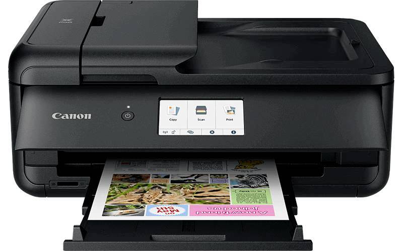 Schwarzer Multifunktionsdrucker druckt farbige Seite mit Bildern und Text. Display zeigt Optionen: Kopieren, Scannen, Drucken.