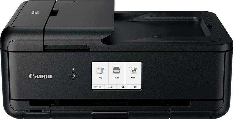 Schwarzer Canon-Drucker mit Display vorne, das Bedienoptionen wie 'Kopieren', 'Scannen' und 'Drucken' zeigt. Obere Klappe für Papierzufuhr.