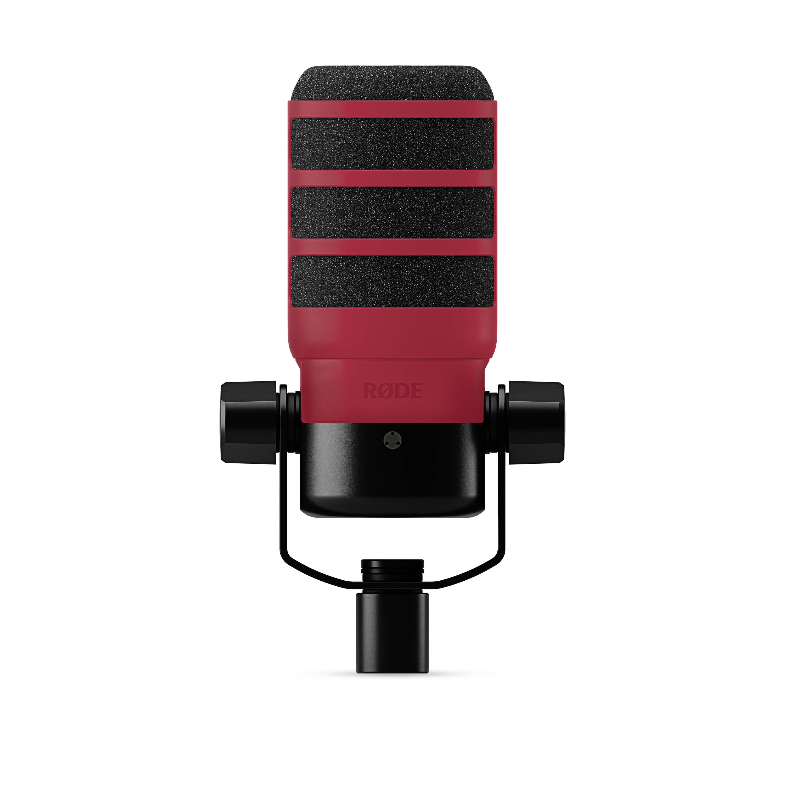 Rotes, schwarzes Mikrofon in Studioqualität, montiert auf einer Stütze, frontal abgebildet. Ideal für Aufnahmen und Podcasts.