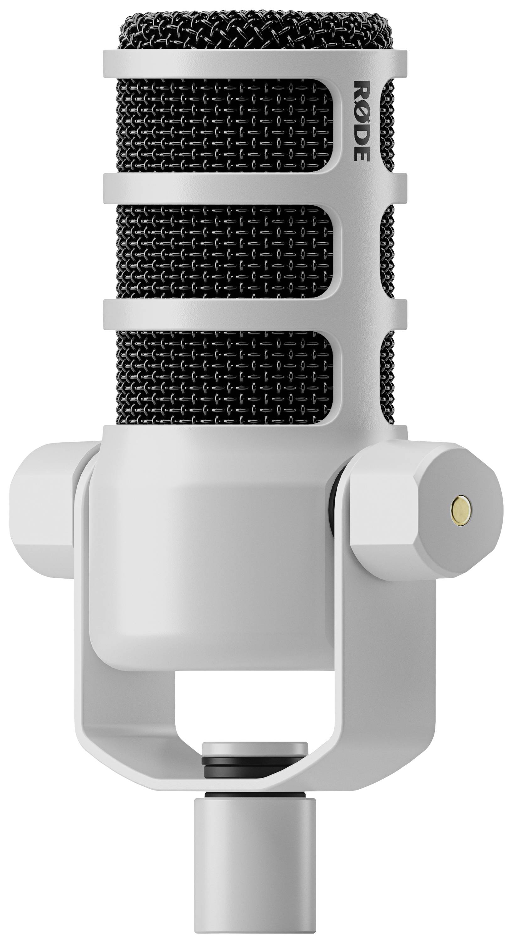 Ein weißes Studiomikrofon mit schwarzem Gitter und Gelenkhalterung, geeignet für Audioaufnahmen und Podcasting.
