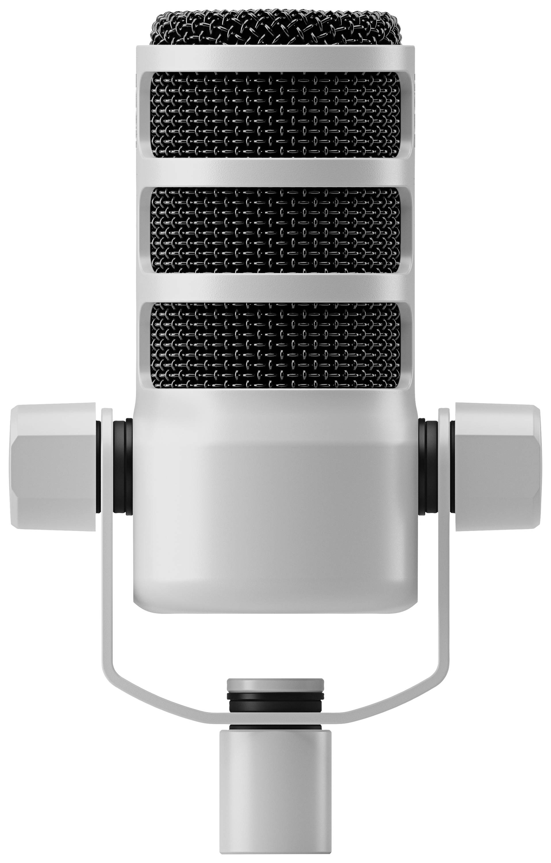 Ein silbernes Studio-Mikrofon mit schwarzem Gitter, frontal abgebildet, deutet auf professionelle Audioaufnahmen hin.