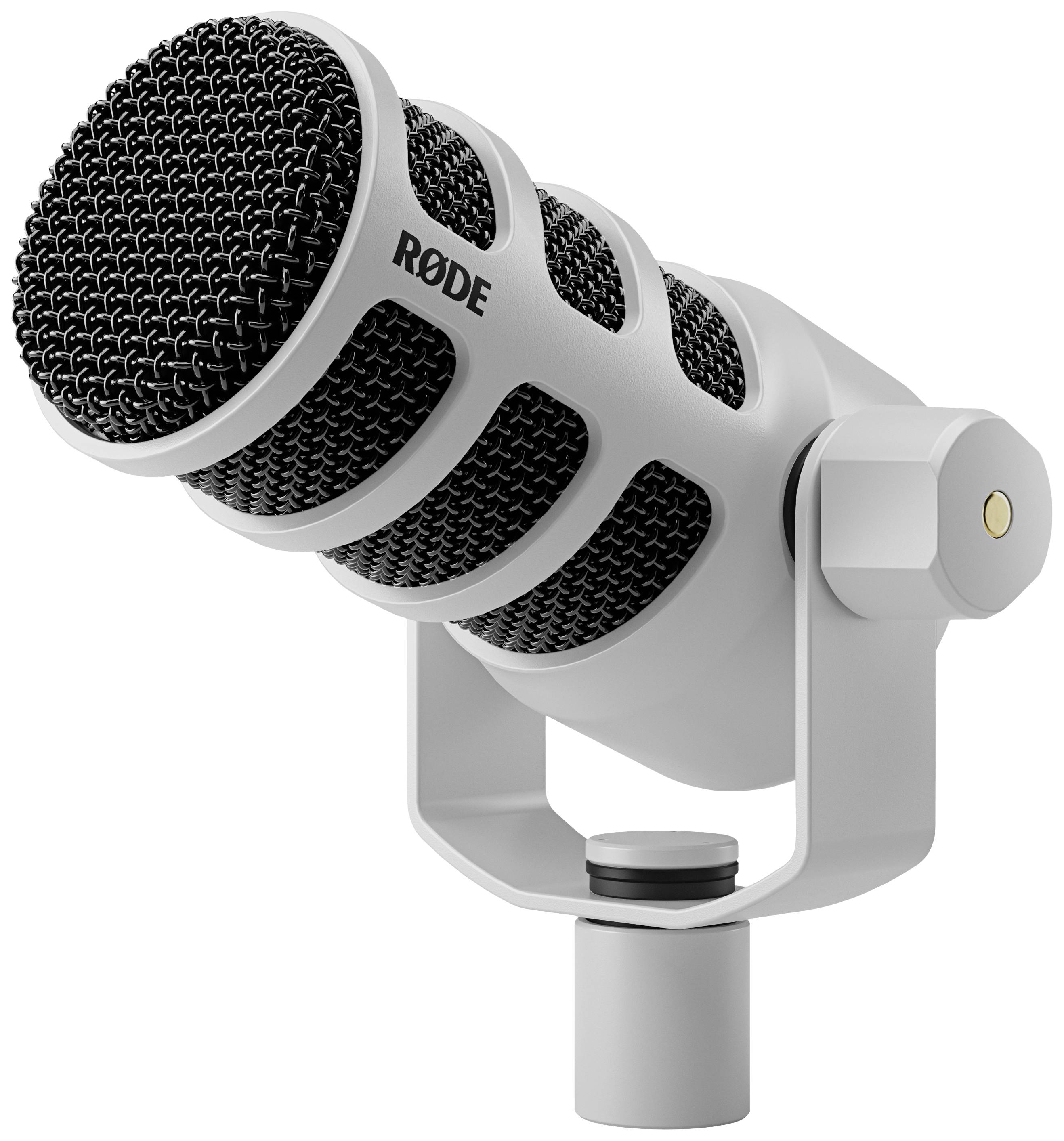 Ein weißes Studiomikrofon mit schwarzem Gitter in einem Schwenkhalter, geeignet für professionelle Audioaufnahmen im Studio.