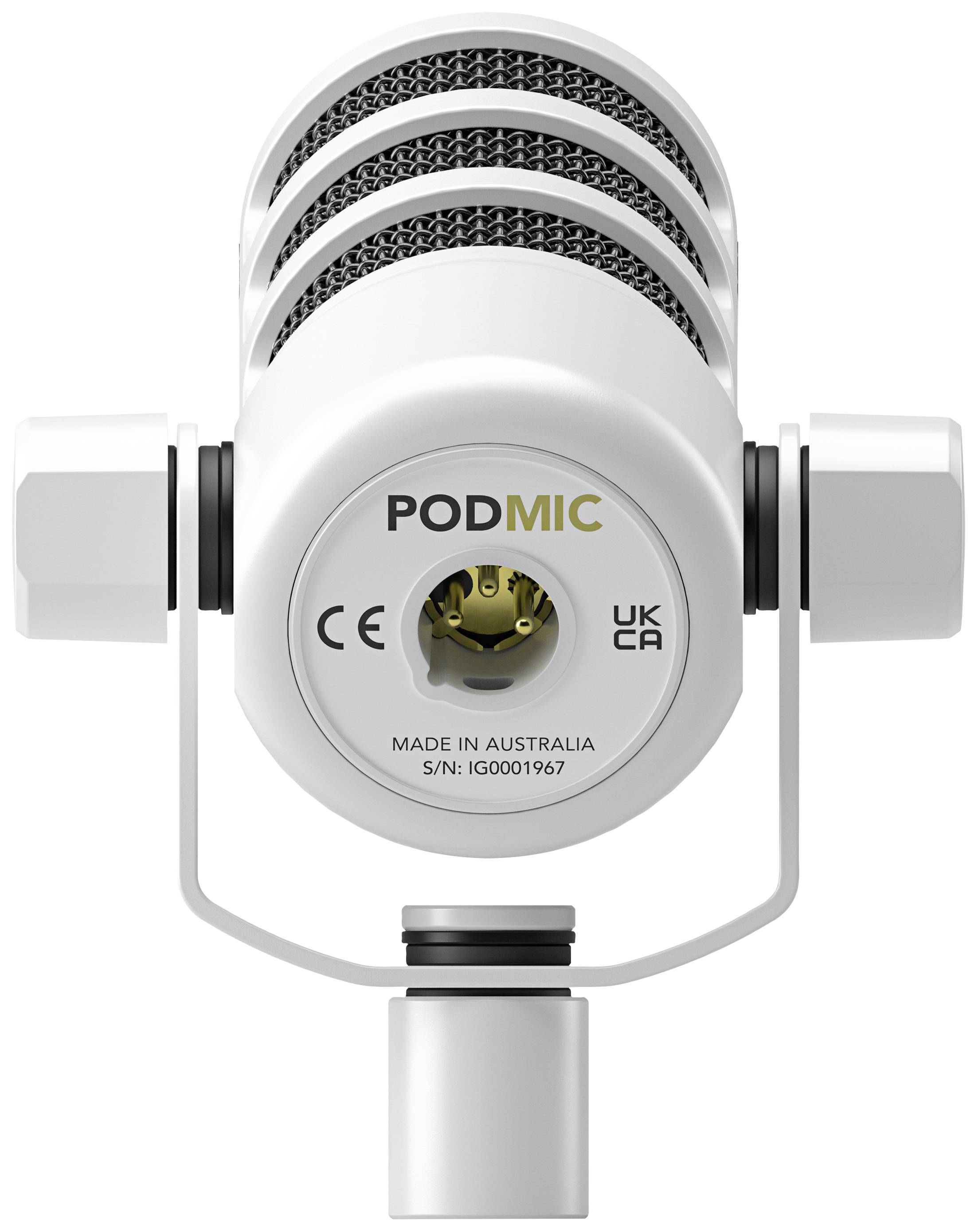 Weißes Podcast-Mikrofon mit der Aufschrift 'PodMic' und Kennzeichnungen 'UKCA' und 'Made in Australia', Ansicht von vorne.