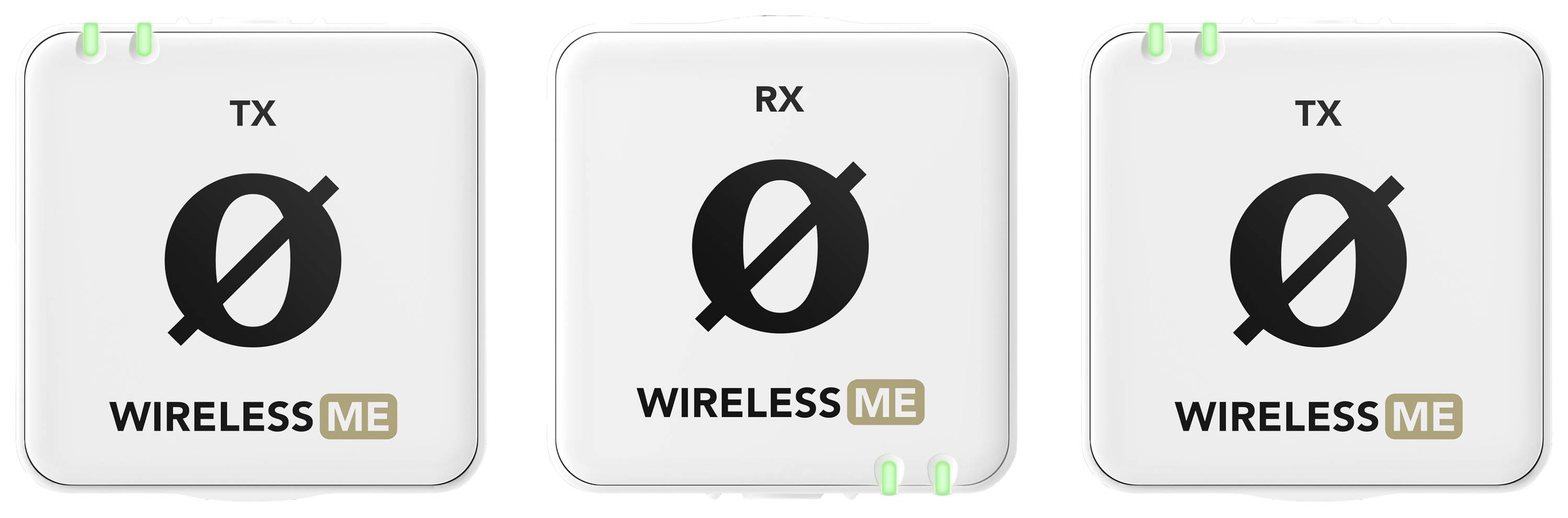 Drei quadratische Geräte mit Aufschrift 'WIRELESS ME', die Antennen und Nutzung als Funktransmitter (TX) und Empfänger (RX) anzeigen.