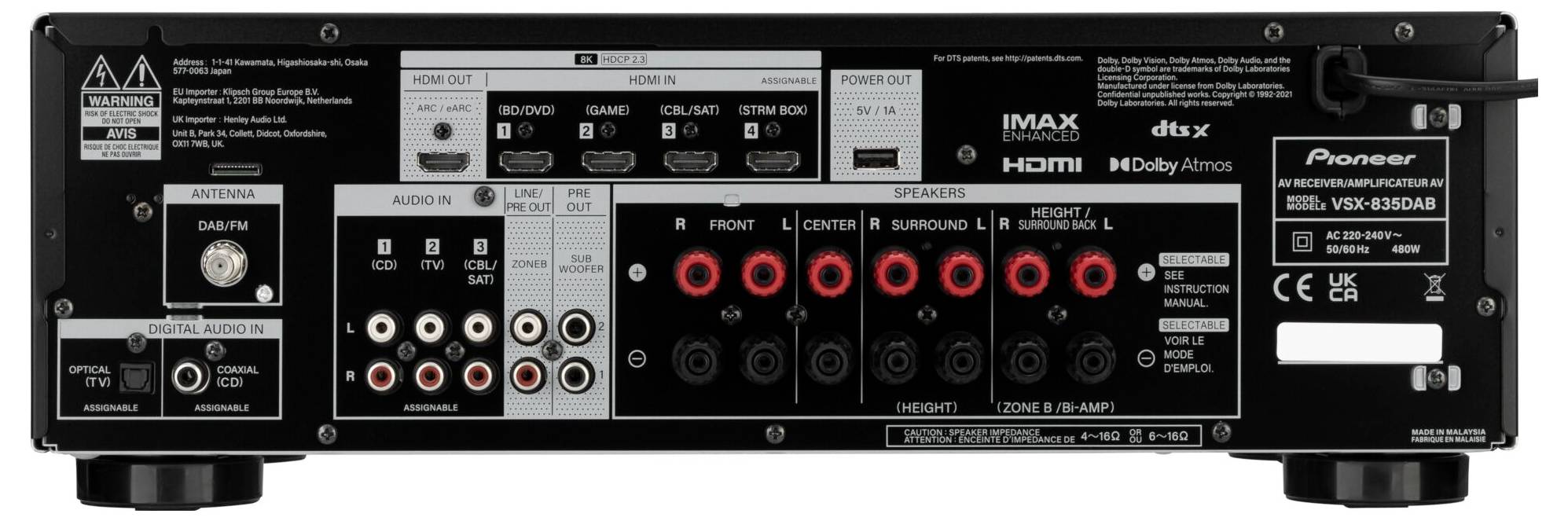 Pioneer VSX-835D-B AV-Receiver 7.2x165W Schwarz 4K UltraHD, Bluetooth®, DAB+, Dolby Atmos®, USB