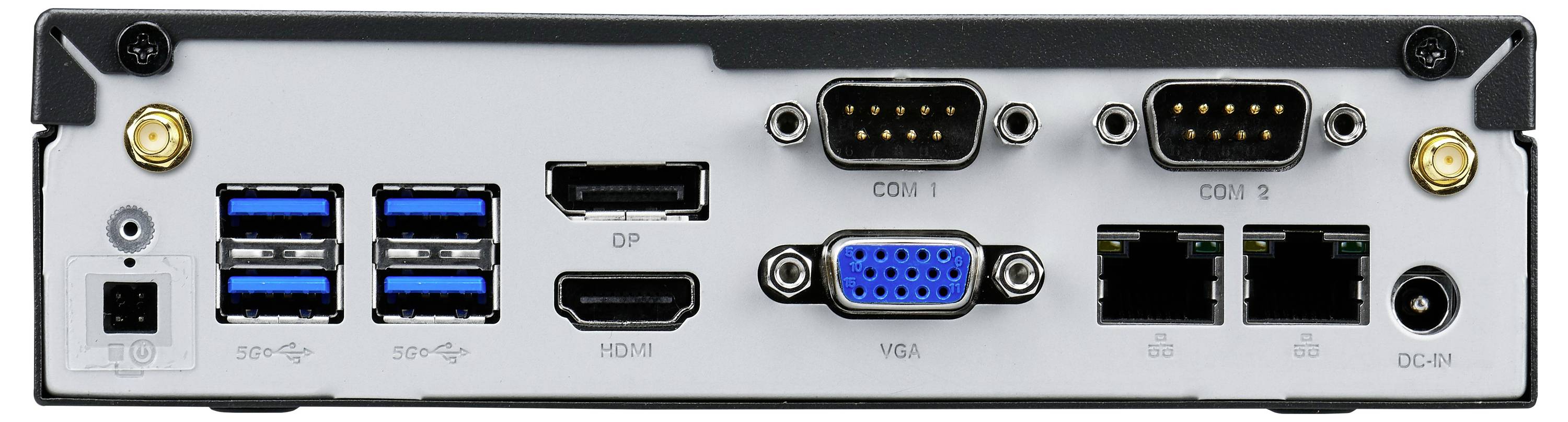 Rückansicht eines Geräts mit verschiedenen Anschlüssen: vier USB-Anschlüsse, DP, HDMI, VGA, zwei serielle Ports und zwei Netzanschlüsse.