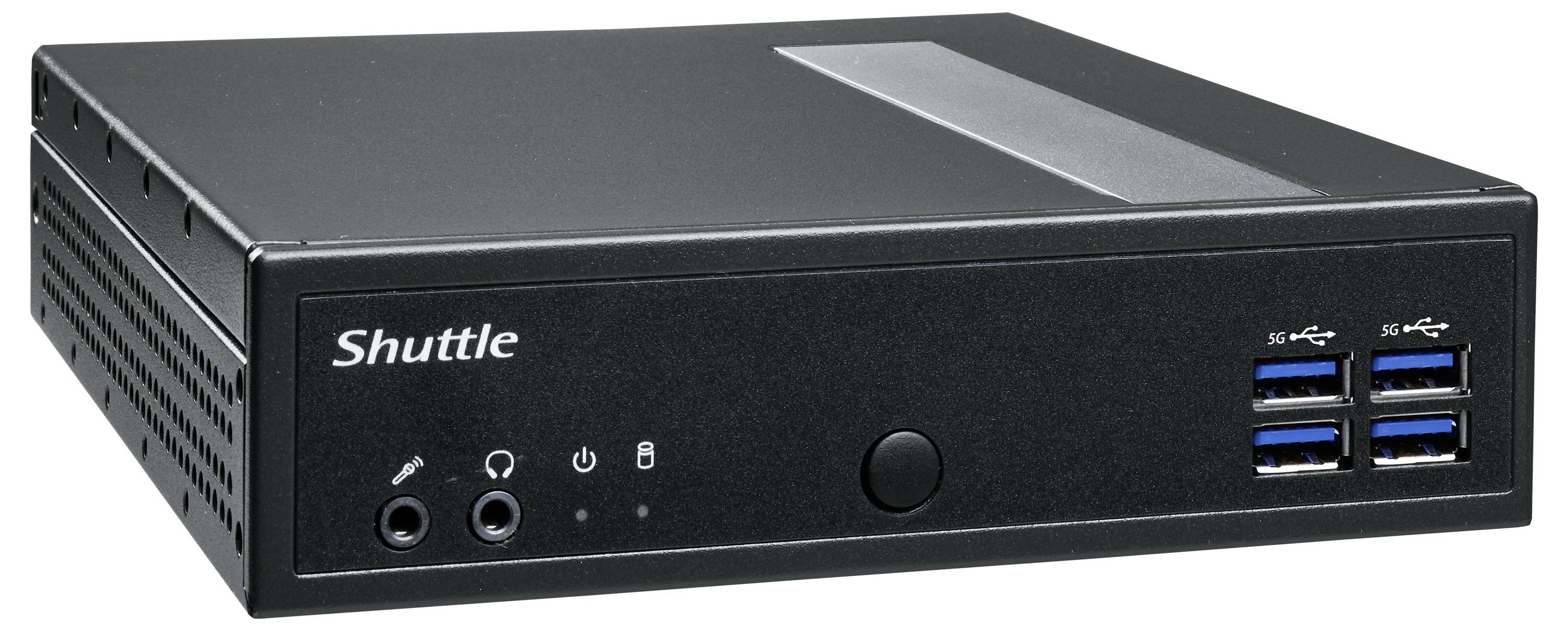 Kompakter schwarzer Computer mit Markenlogo 'Shuttle', vier USB-Anschlüsse und Audiobuchsen vorne. Geeignet für kleine Büros.