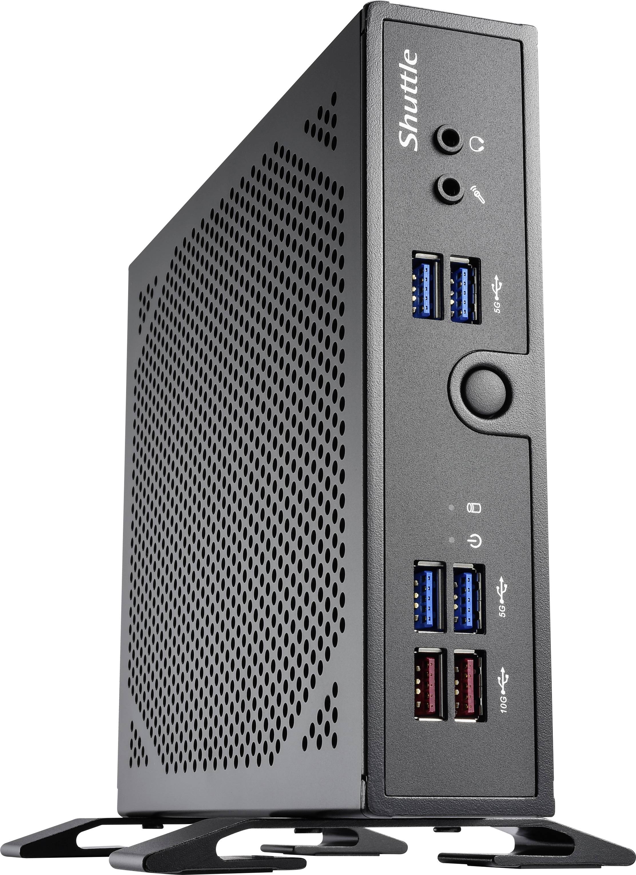 Ein schwarzer Mini-PC mit mehreren USB-Anschlüssen und Audiobuchsen auf der Frontseite, auf einem Ständer stehend.
