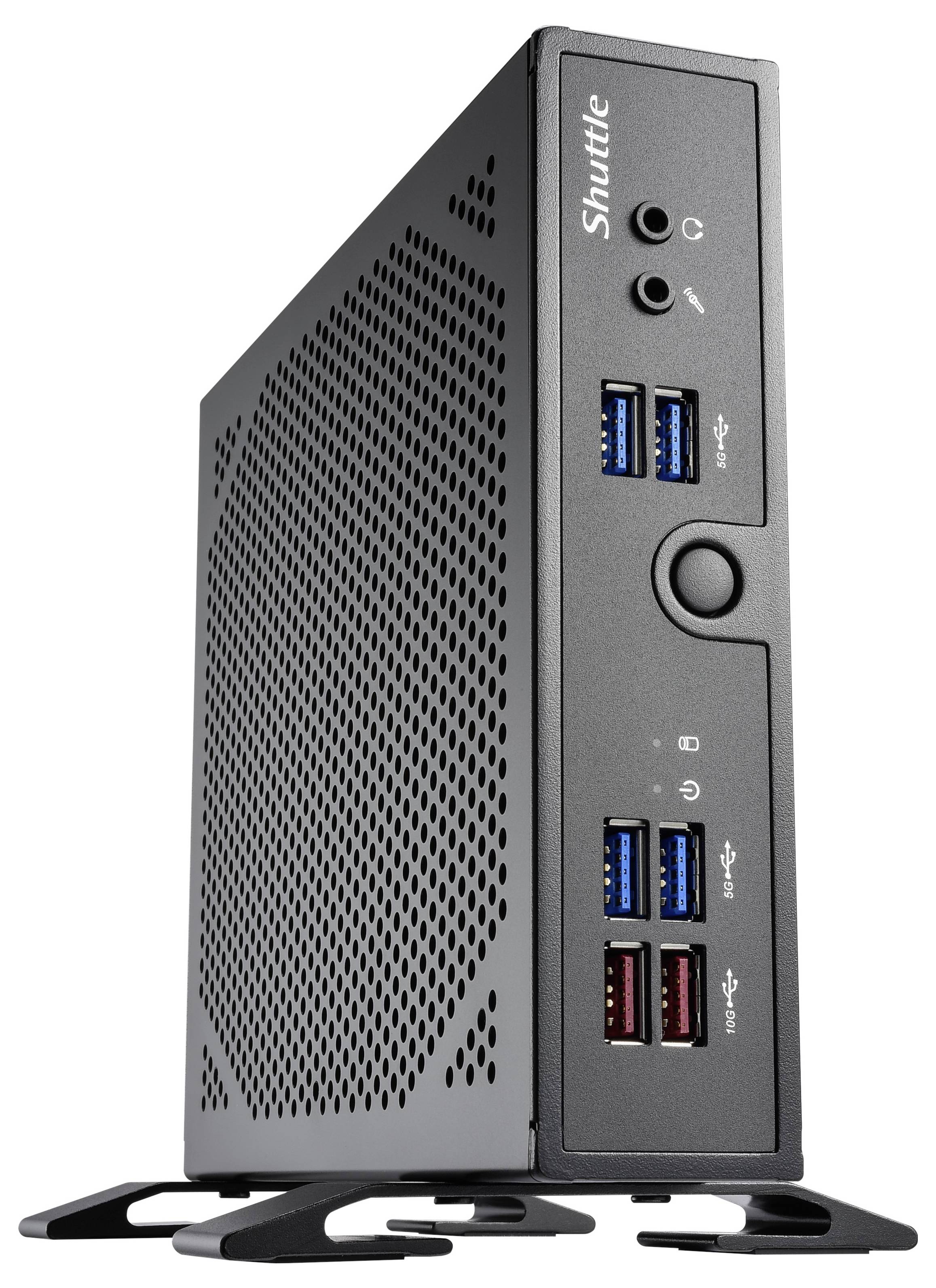Ein kleiner schwarzer Shuttle-Computer im aufrechten Gehäuse mit mehreren USB-Anschlüssen und Lüftungsgitter, ohne angeschlossene Peripheriegeräte.
