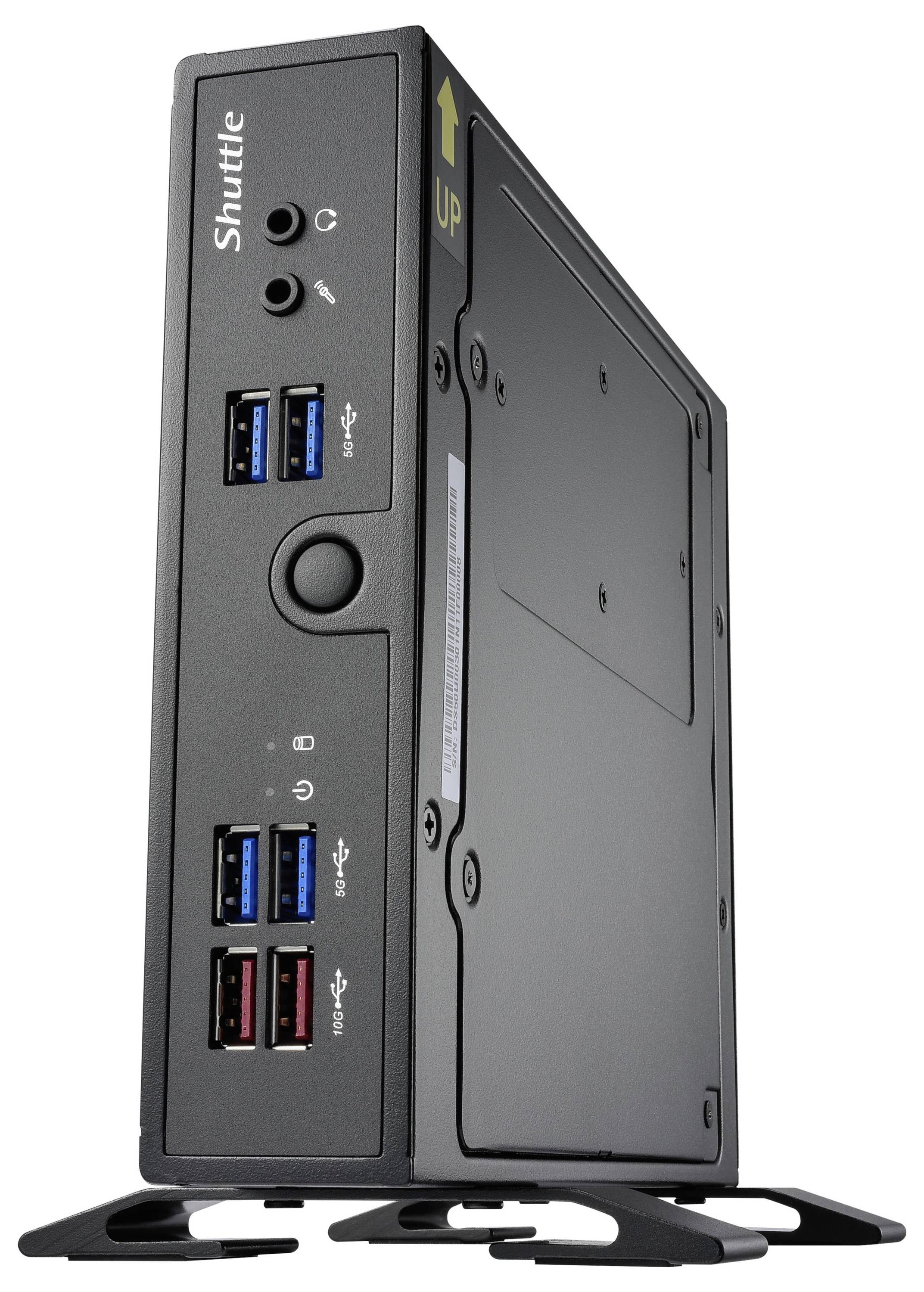 Kleiner schwarzer Computer mit mehreren USB-Anschlüssen auf der Vorderseite. Steht vertikal auf zwei Standfüßen.