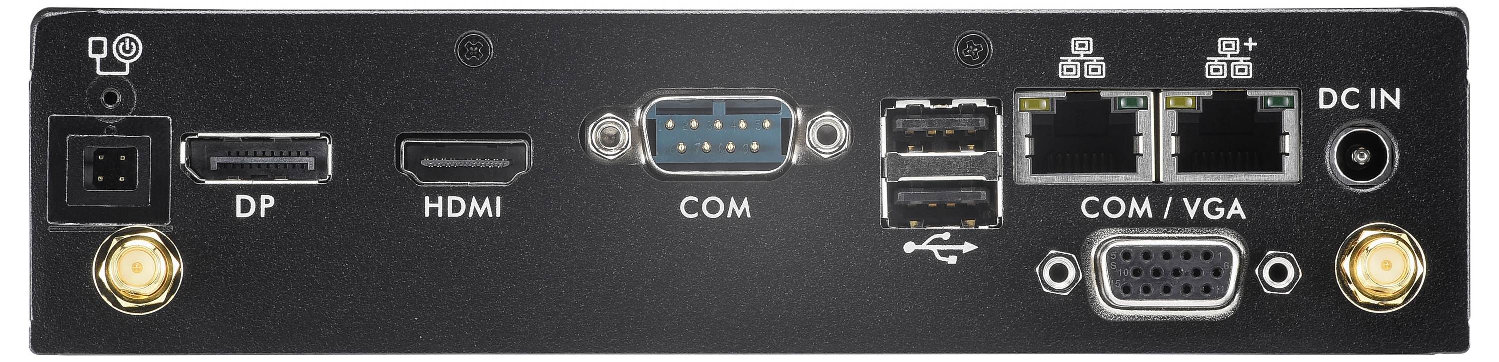 Rückseite eines Computergeräts mit Anschlüssen: DP, HDMI, COM, USB, Ethernet, VGA und Stromanschluss.