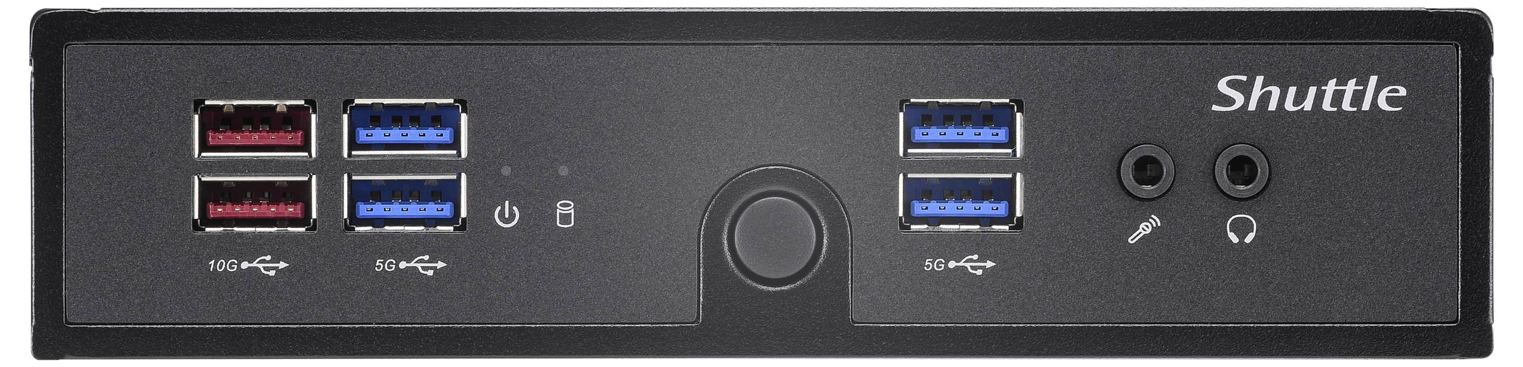 Die Vorderseite eines Shuttle-Computers mit mehreren USB-Anschlüssen und Audiobuchsen, darunter Power- und Sperrknopf.