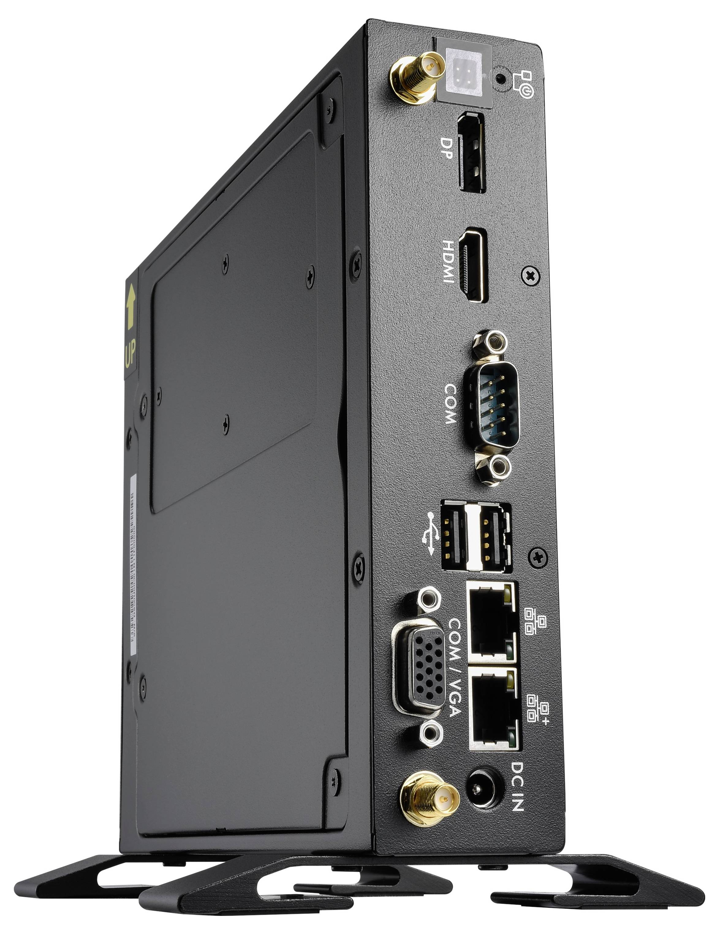 Ein schwarzes elektronisches Gerät mit Anschlüssen für DP, HDMI, COM, USB und VGA, aufrecht auf Stützen platziert.