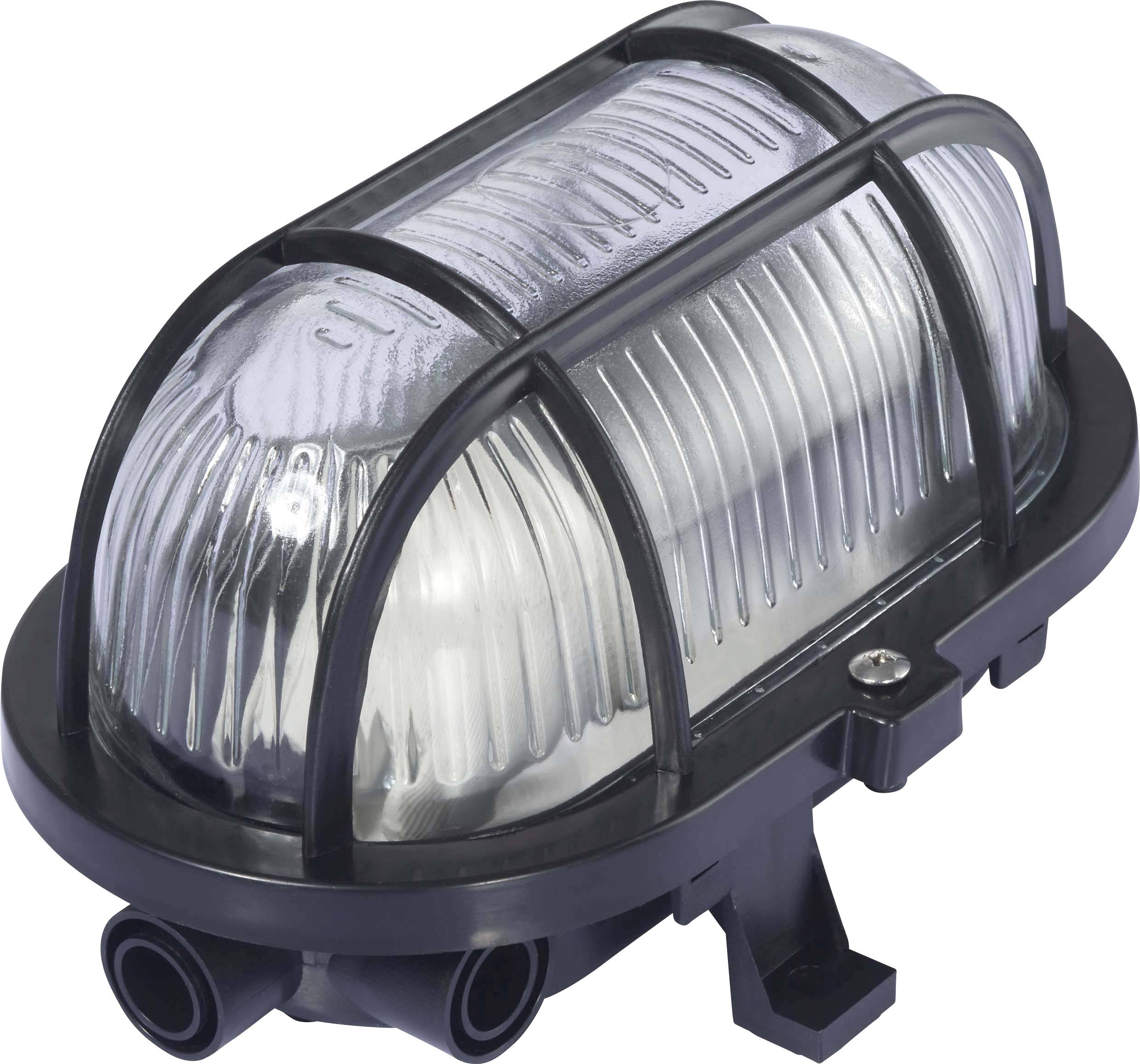Eine ovale Außenlampe mit einem schützenden Gitter und gerilltem Glasgehäuse, geeignet für wetterfeste Beleuchtung im Freien.