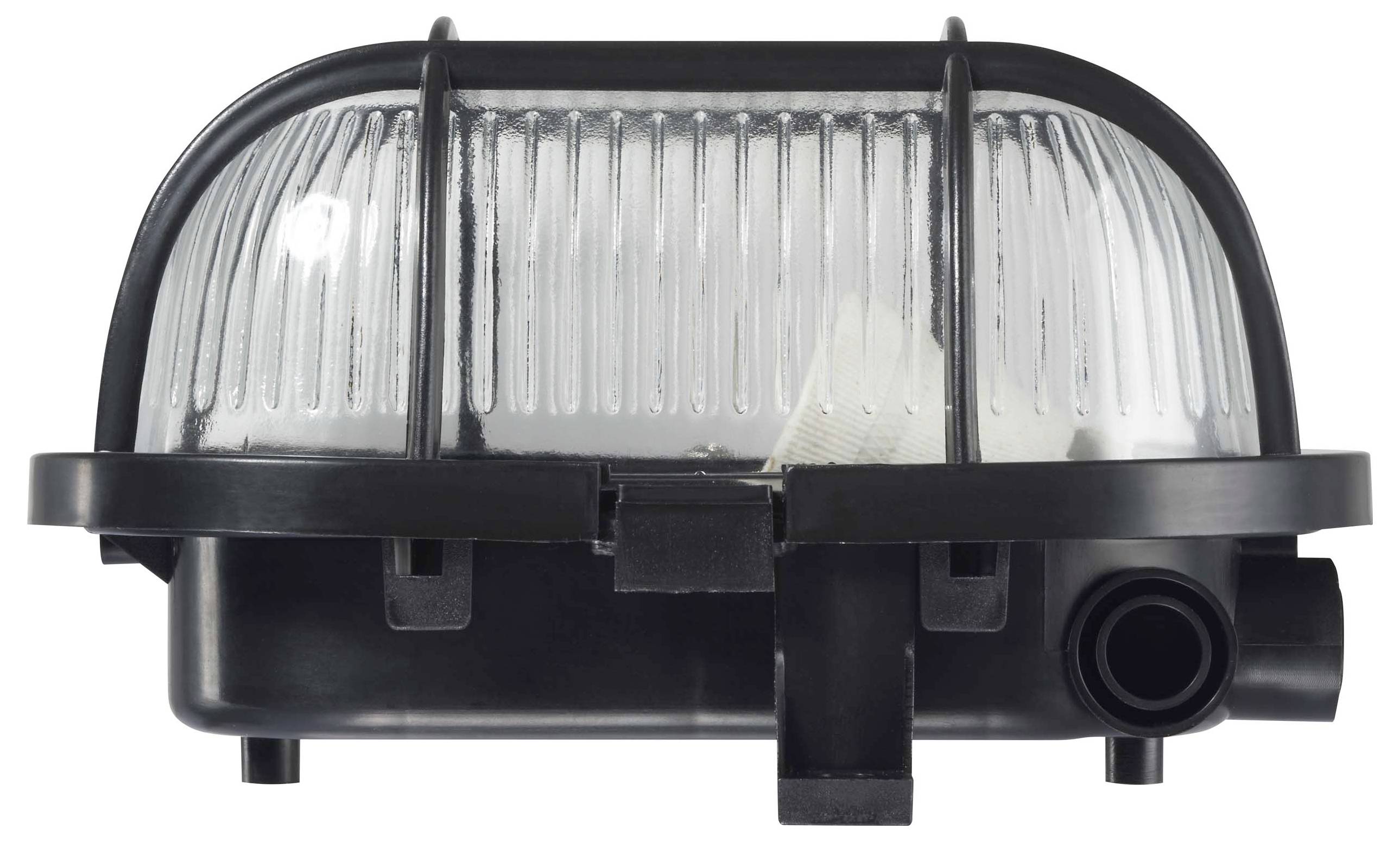 Ein rechteckiges, schwarzes Licht mit gerippter, transparenter Abdeckung. Es hat Befestigungselemente und eine Kabelöffnung.