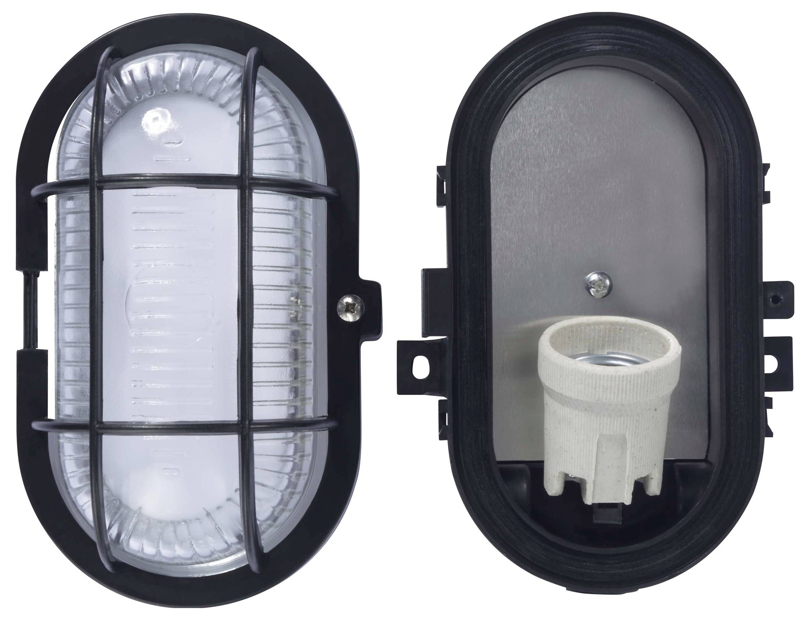 'Ovale Wandlampe', links geschlossen mit Gitter, rechts offen mit sichtbarer Fassung, schwarz-weiße Abdeckung.