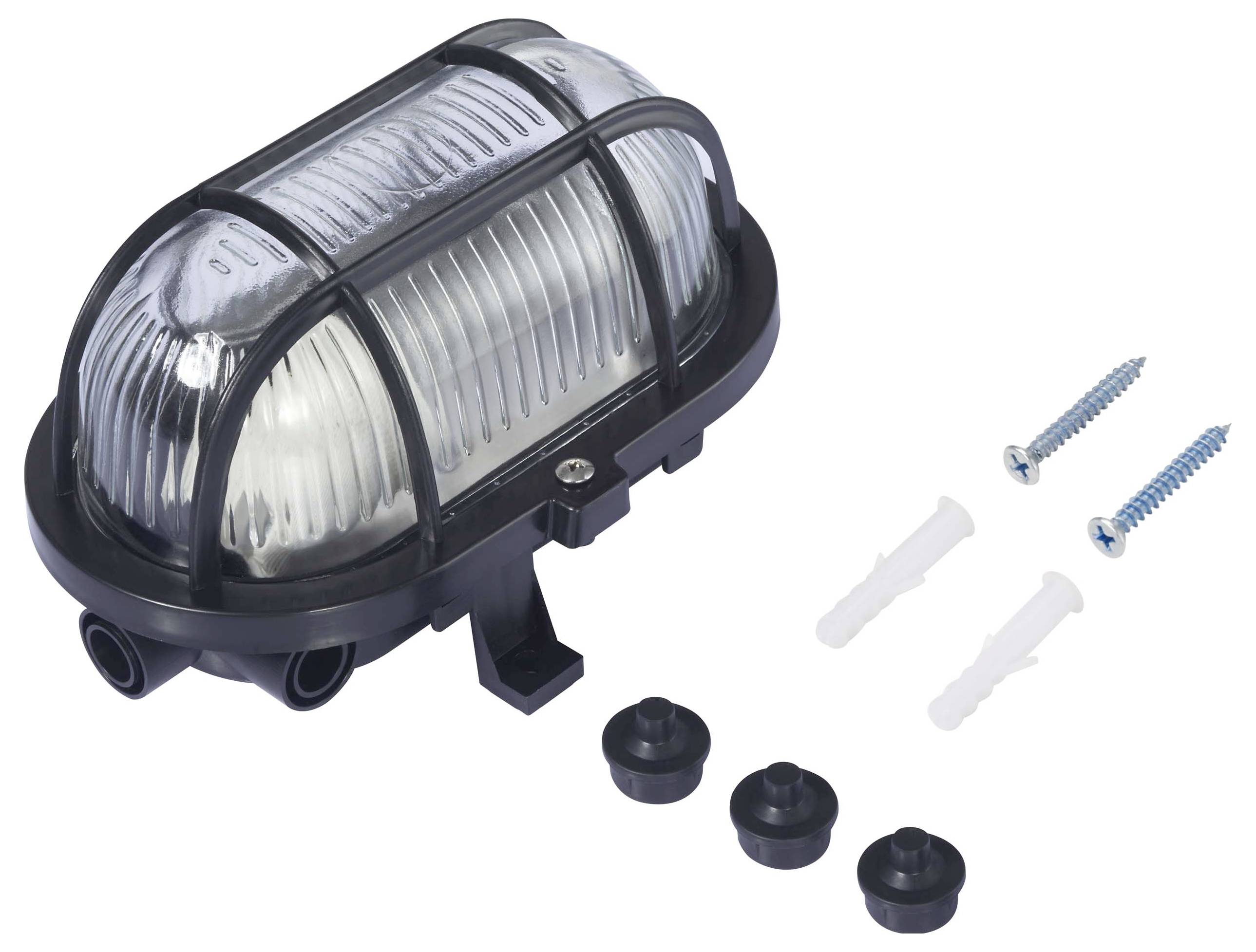 Schwarz umrahmte Leuchte mit zwei Schrauben, zwei Dübeln und drei Gummidichtungen; geeignet für Außenbeleuchtung.