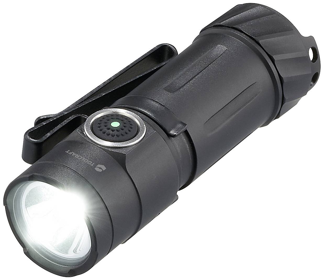 Schwarze Taschenlampe mit Clip, Frontansicht, leuchtet hell. Ideal für Outdoor-Aktivitäten und Notfälle.