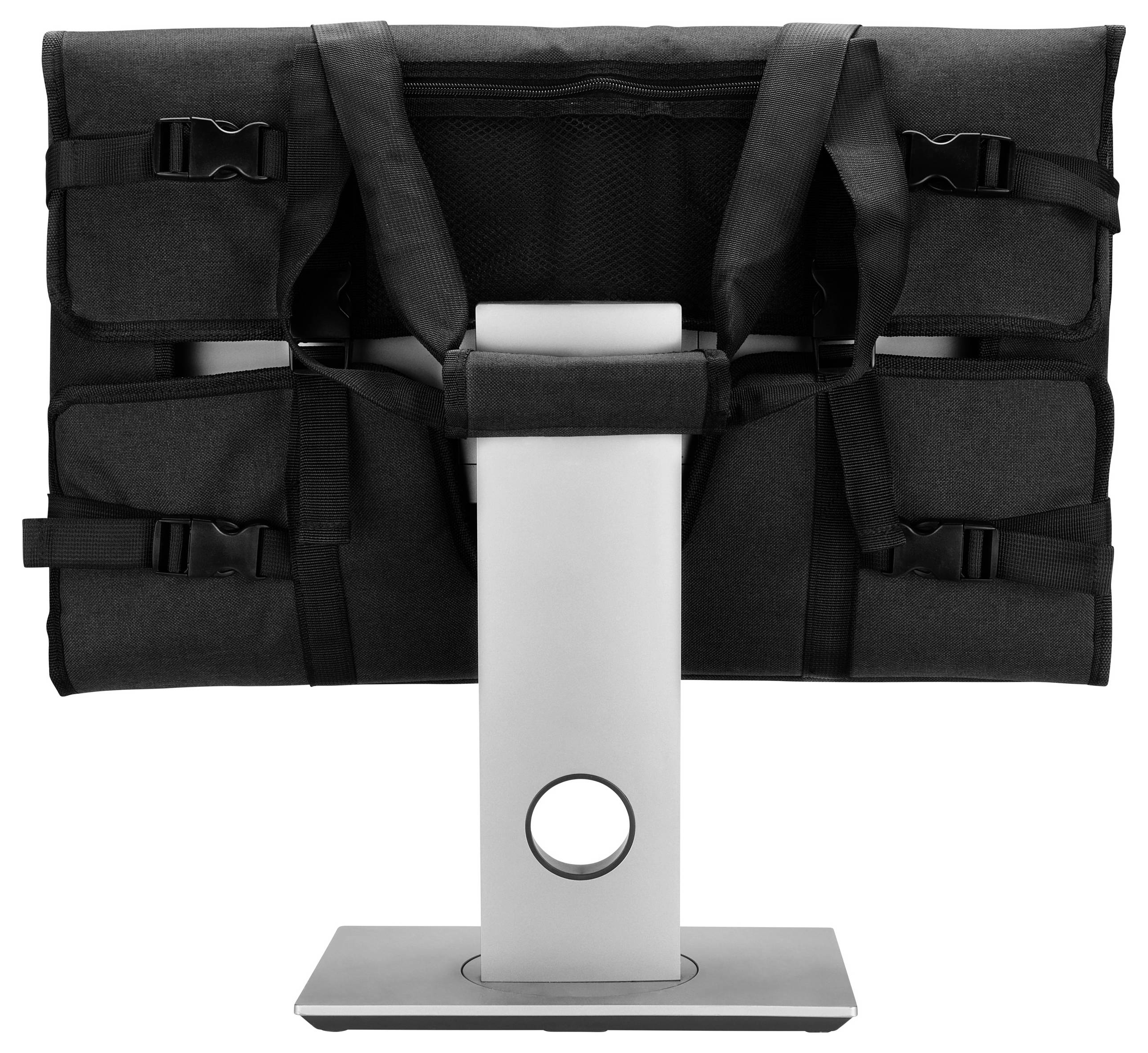 Tragetasche in Schwarz, angepasst auf der Rückseite eines Computerbildschirms. Mit Gurten zur Befestigung und Taschen für Zubehör.