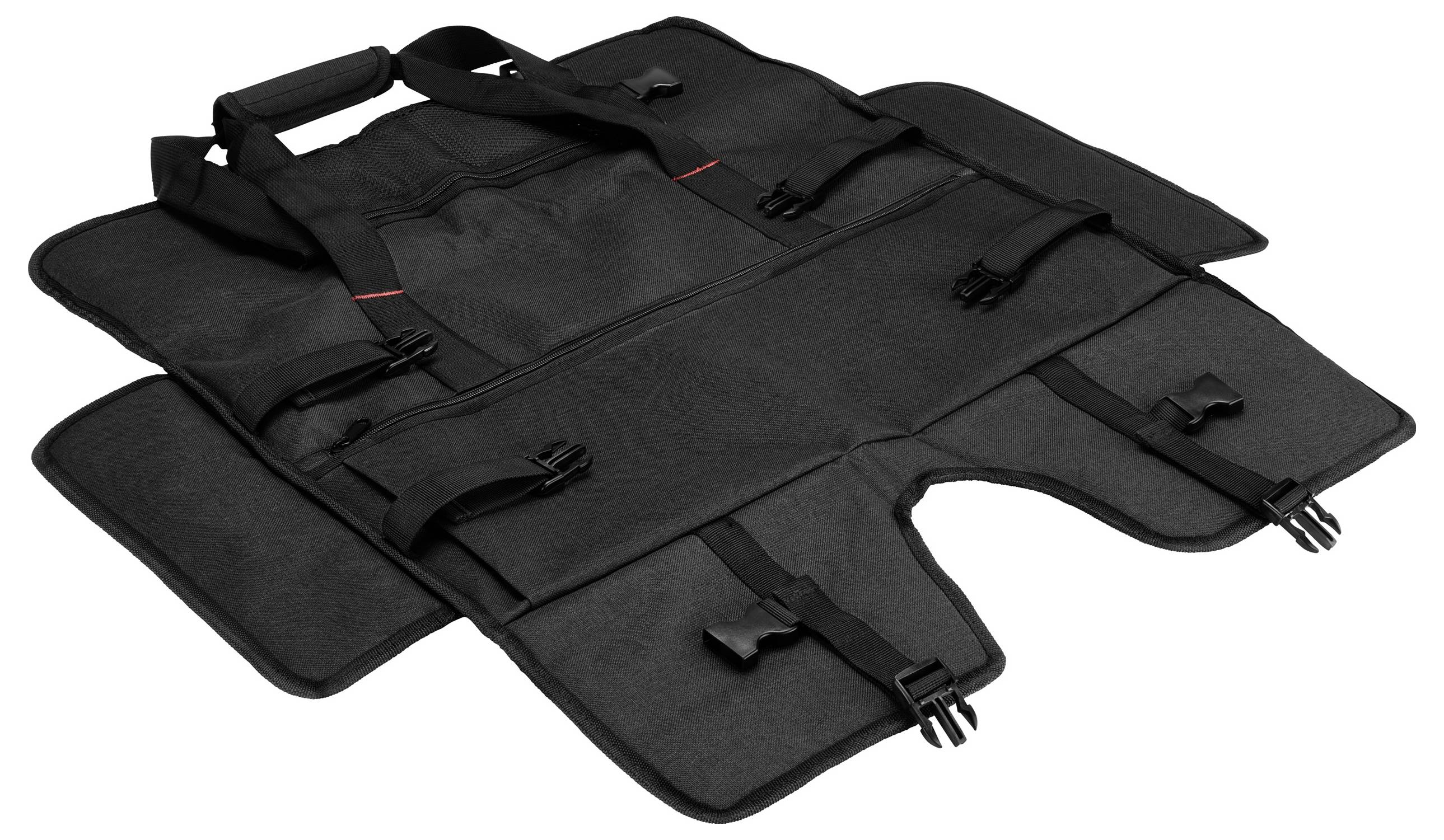 Schwarze Hundeschutzdecke für Autositze, aus strapazierfähigem Material mit Schnallen und Gurten zur sicheren Befestigung im Fahrzeug.