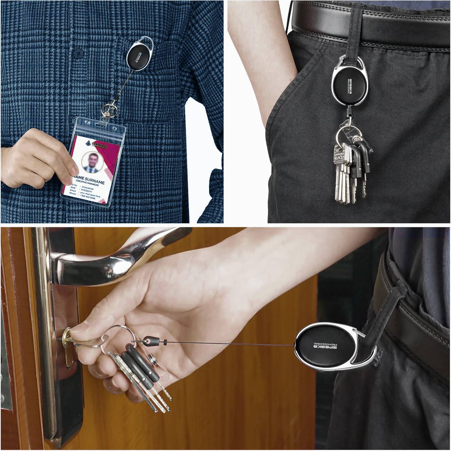 Person hält einen Ausweis mit Schlüsselanhänger an der Kleidung. Ein weiterer Schlüsselbund hängt an einer Hosentasche. Eine Hand steckt Schlüssel in ein Türschloss.