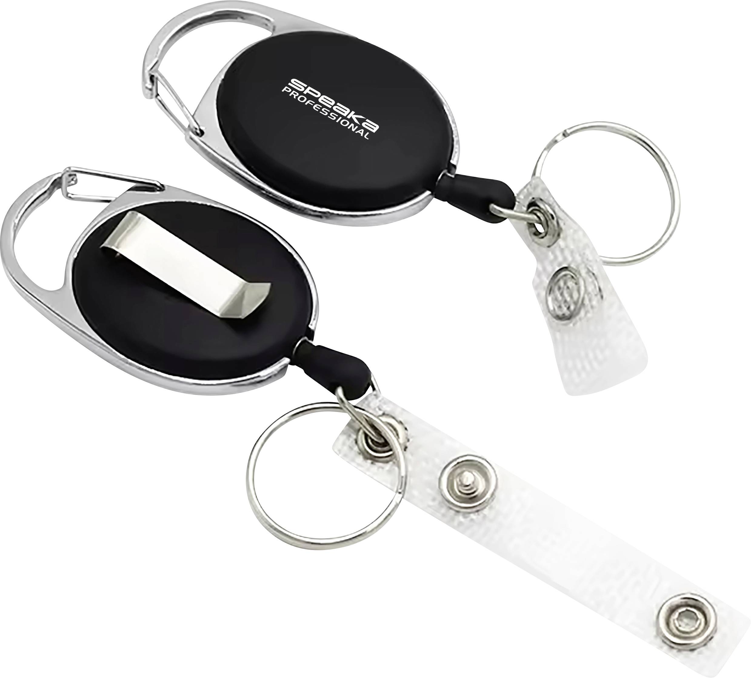 Zwei schwarze retractable Schlüsselanhänger mit silbernen Haken und transparentem Band, ideal zum Befestigen von Ausweisen oder Schlüsseln.