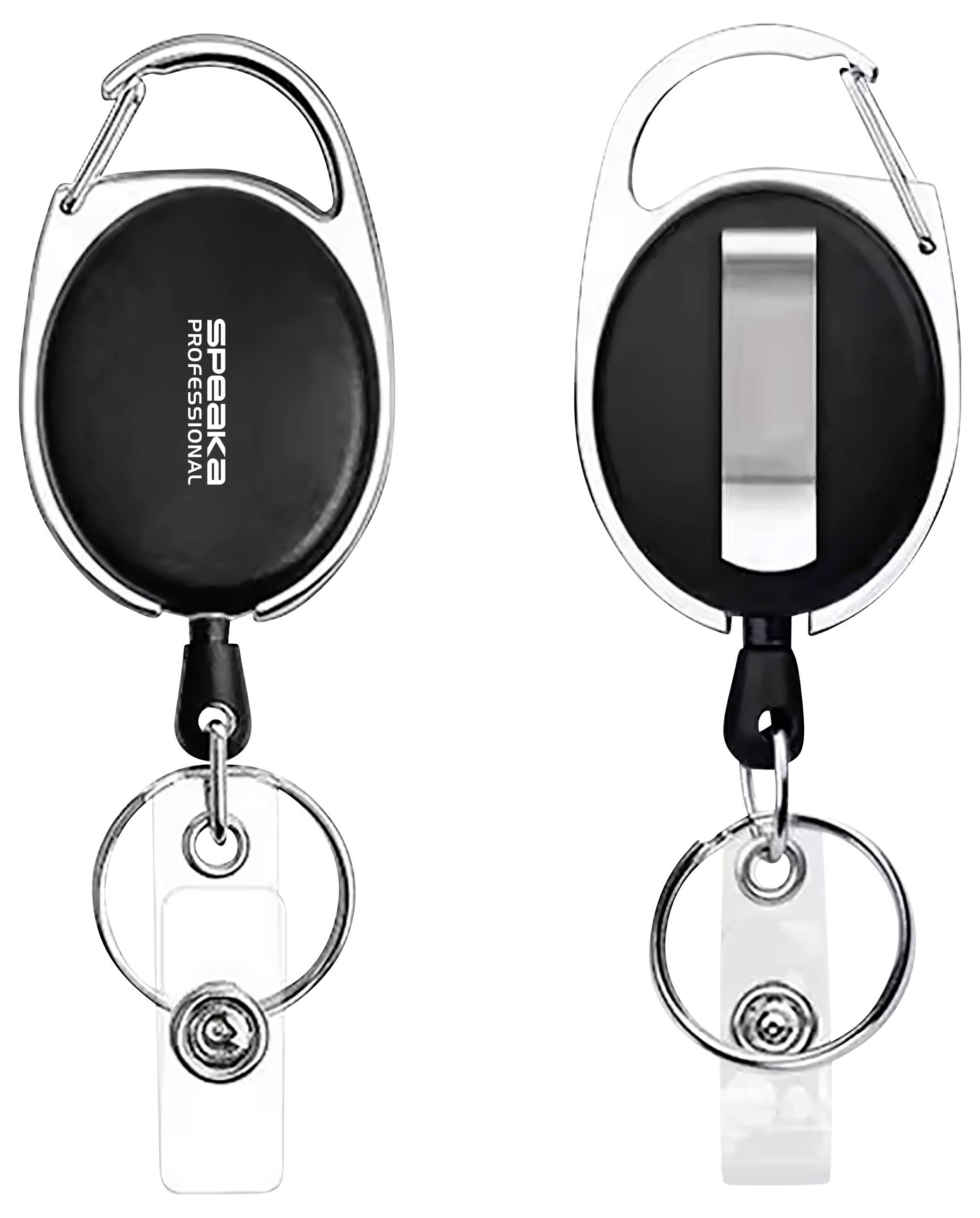 Einziehbare Schlüsselanhänger mit Metallclip, schwarzem Gehäuse, Schlüsselring und transparentem Kunststoffhalter.