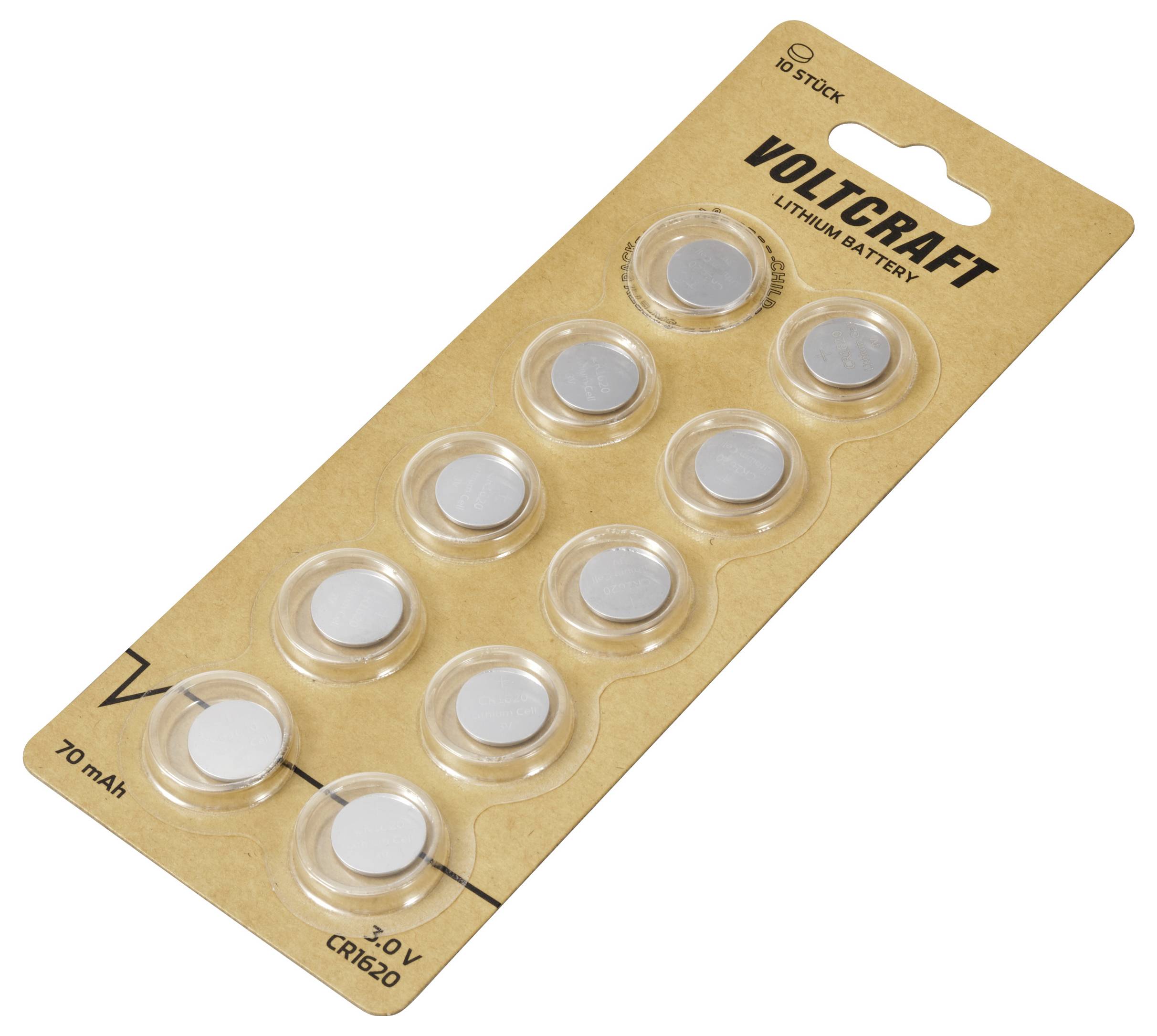 Eine Packung mit zehn Lithium-Knopfzellenbatterien der Marke Voltcraft, Modell CR1620, 3V, 70 mAh, auf einem braunen Kartonträger.