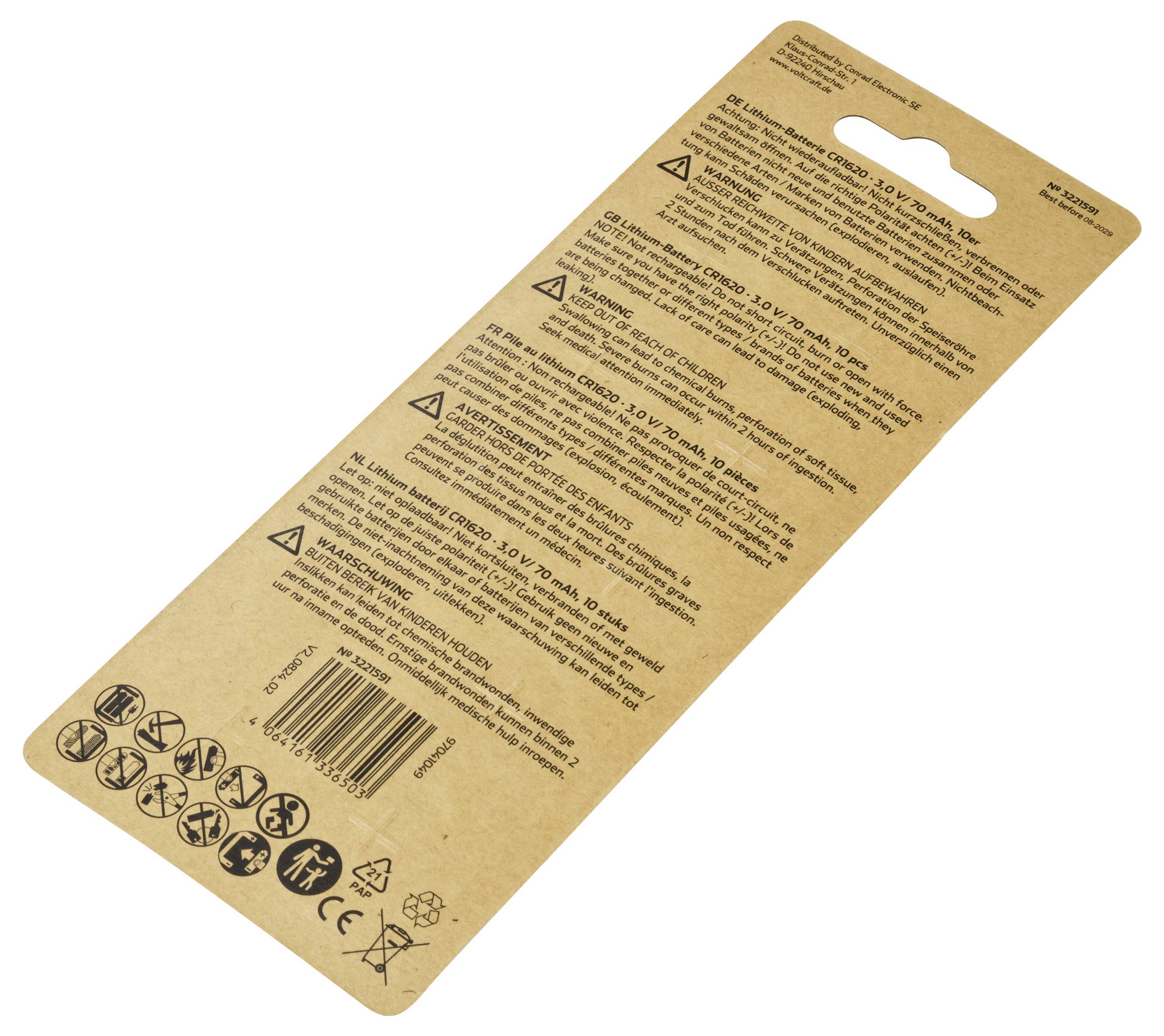 VOLTCRAFT Knopfzelle CR 1620 3V 10 St. 70 mAh Lithium VC-16107955