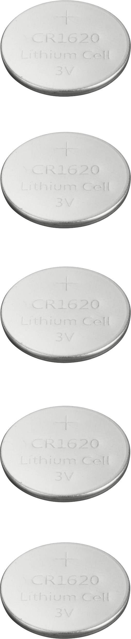 Fünf silberne Knopfzellen-Batterien der Größe CR1620, alle mit der Prägung 'Lithium Cell 3V'.