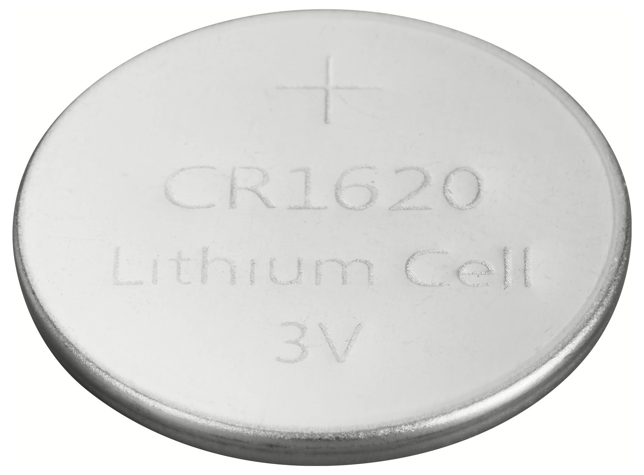 Runde Knopfzelle mit der Aufschrift 'CR1620 Lithium Cell 3V' und einem Pluszeichen, die auf einer Oberfläche liegt.