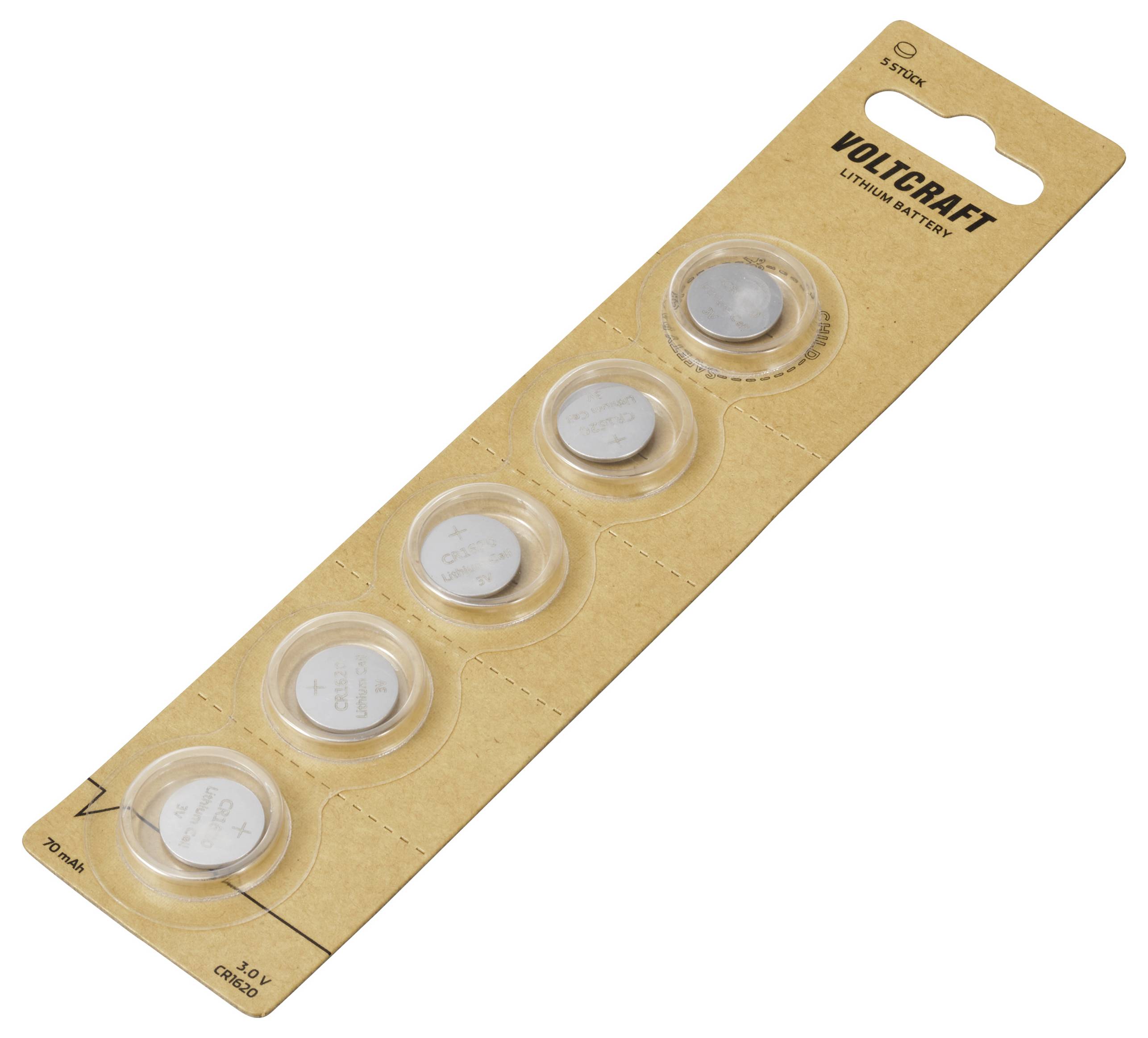 Fünf Knopfzellen-Batterien, verpackt in einer braunen Kartonleiste von 'Voltcraft', mit 3 V und CR2032-Spezifikation.