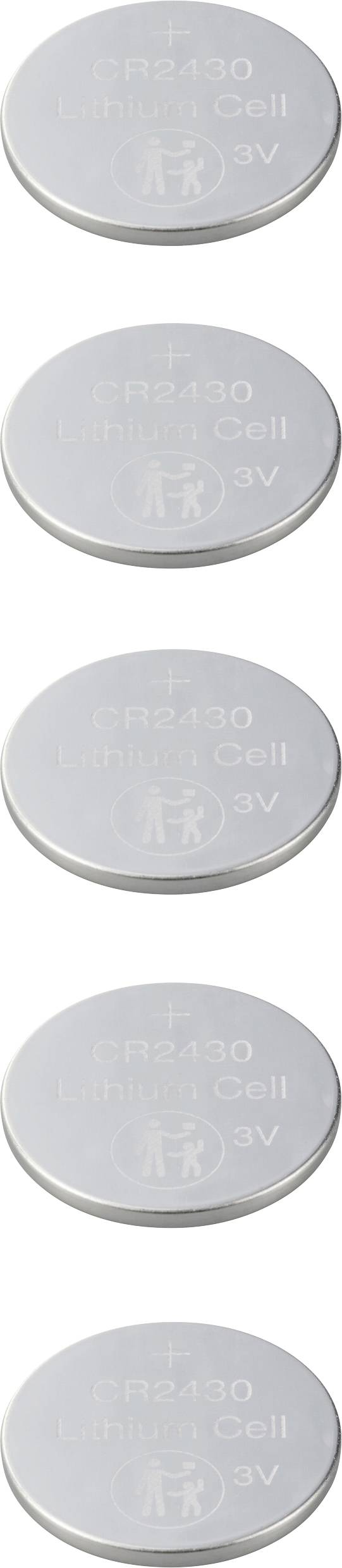 Fünf silberne Knopfzellenbatterien übereinander gestapelt. Jede ist mit 'CR2032 3V' beschriftet.