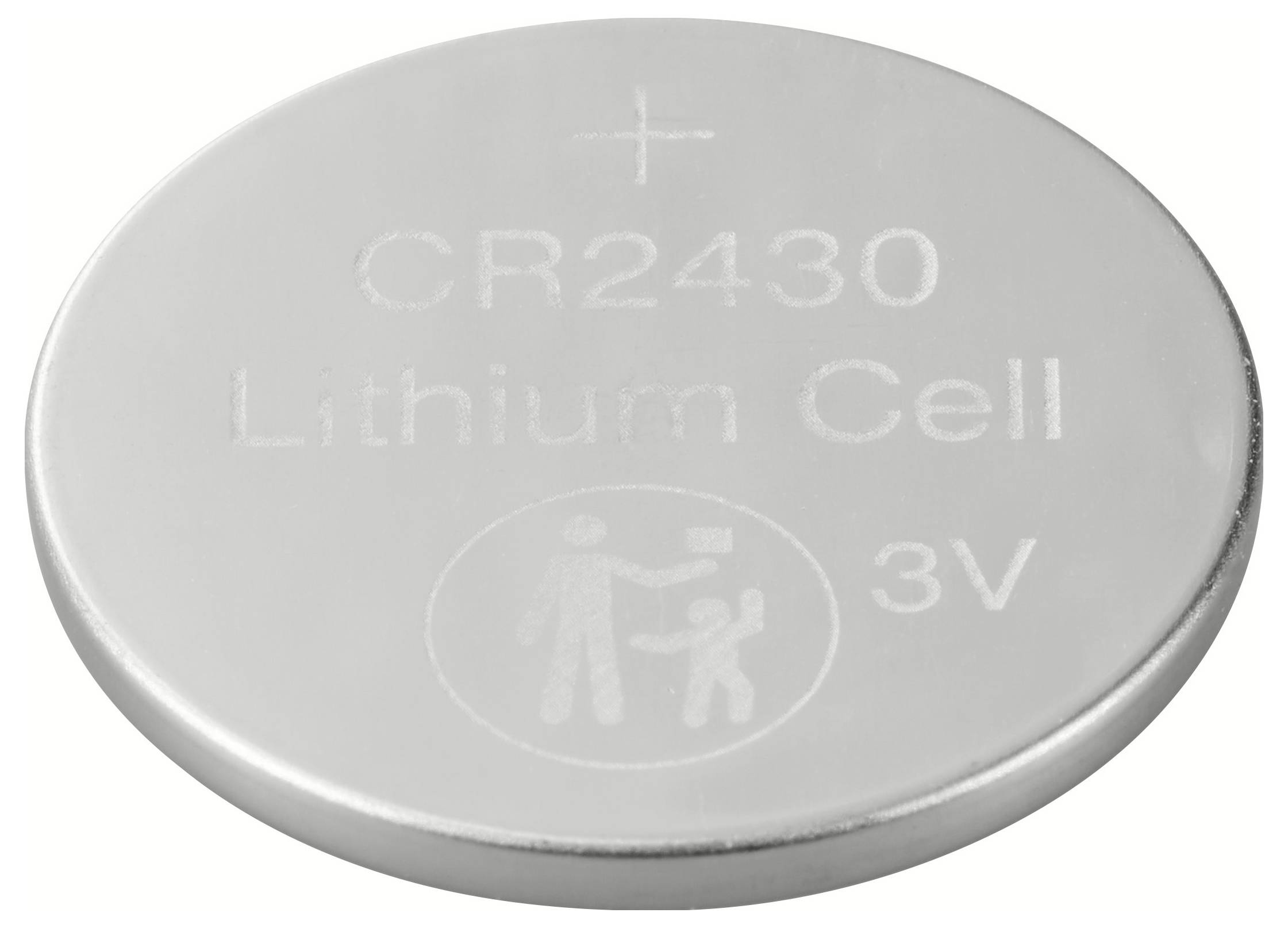 Silberne Knopfzellenbatterie mit Aufschrift 'CR2430 Lithium Cell 3V'. Geeignet für elektronische Geräte.