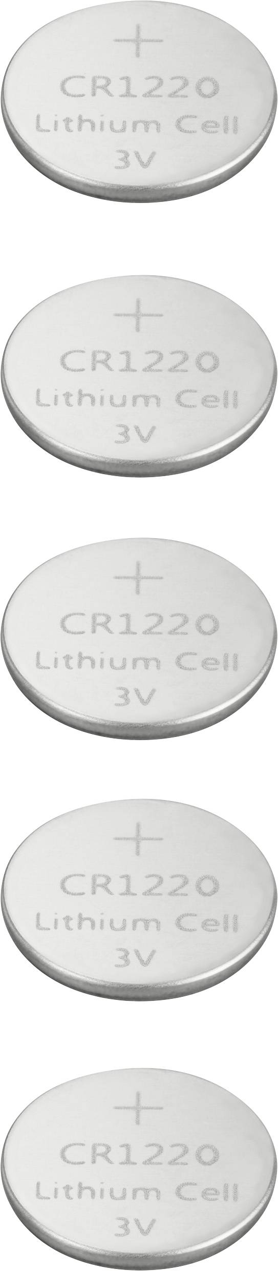 Fünf übereinander gestapelte Knopfzellen-Batterien mit der Aufschrift 'CR1220 Lithium Cell 3V' sind zu sehen.