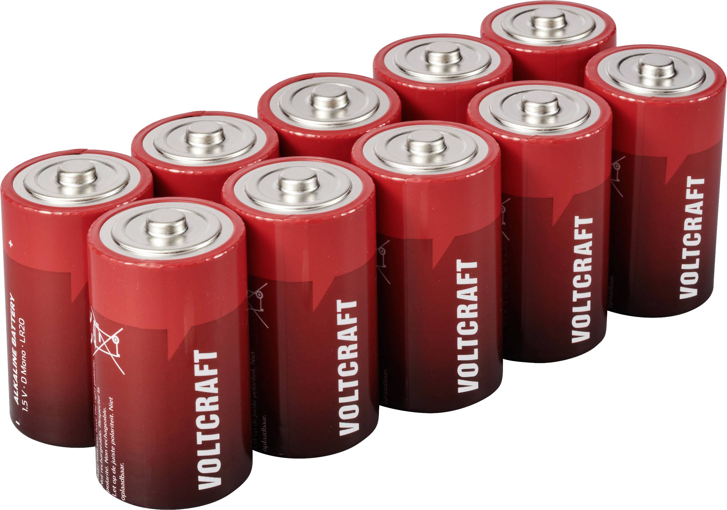 Zehn rote Batterien der Marke Voltcraft sind aufgereiht.