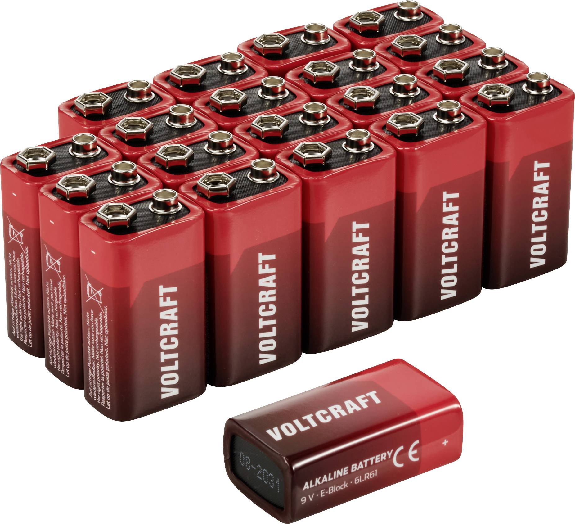 Eine Gruppe von 9-Volt-Batterien mit der Aufschrift 'Voltcraft', ordnungsgemäß aufgereiht, mit einer separaten Batterie im Vordergrund.