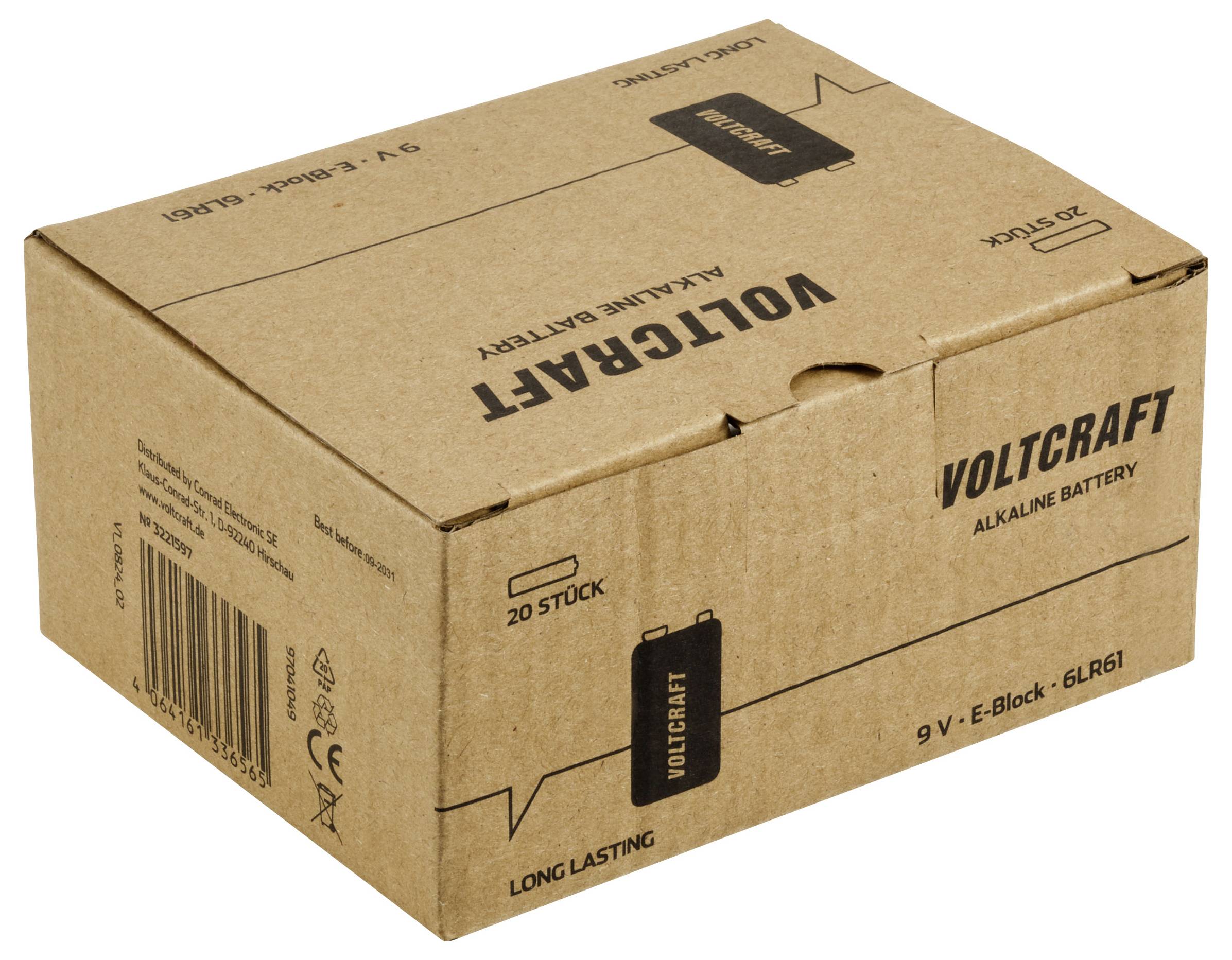 VOLTCRAFT VC-16107985 9V Block-Batterie Alkali-Mangan 550 mAh 9V 20St.