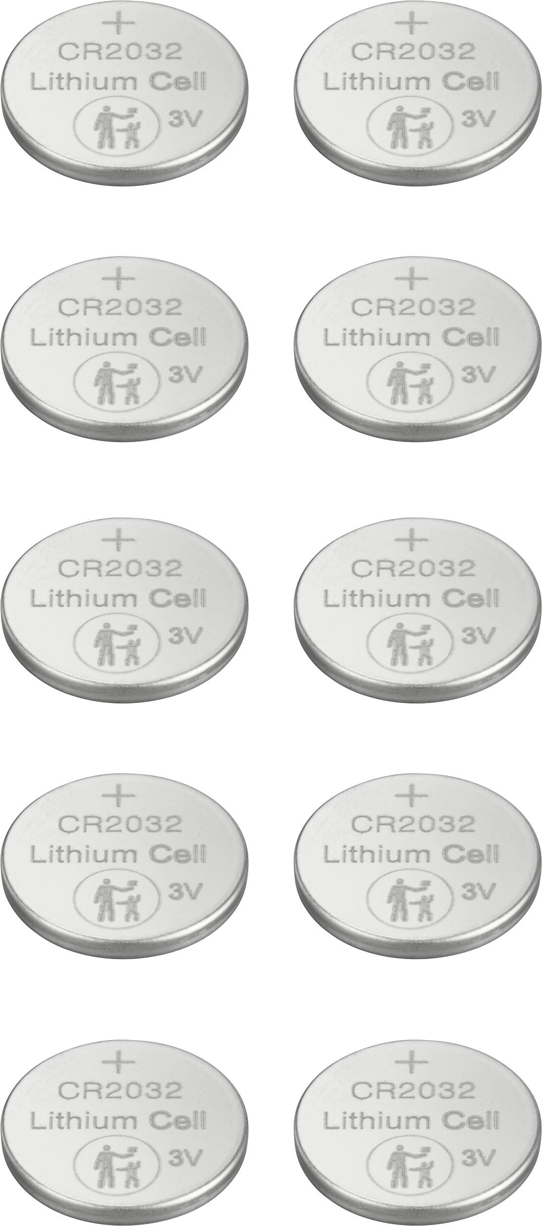 Zehn CR2032 Lithium-Knopfzellen, jeweils mit 3V, gleichmäßig in zwei Spalten angeordnet.